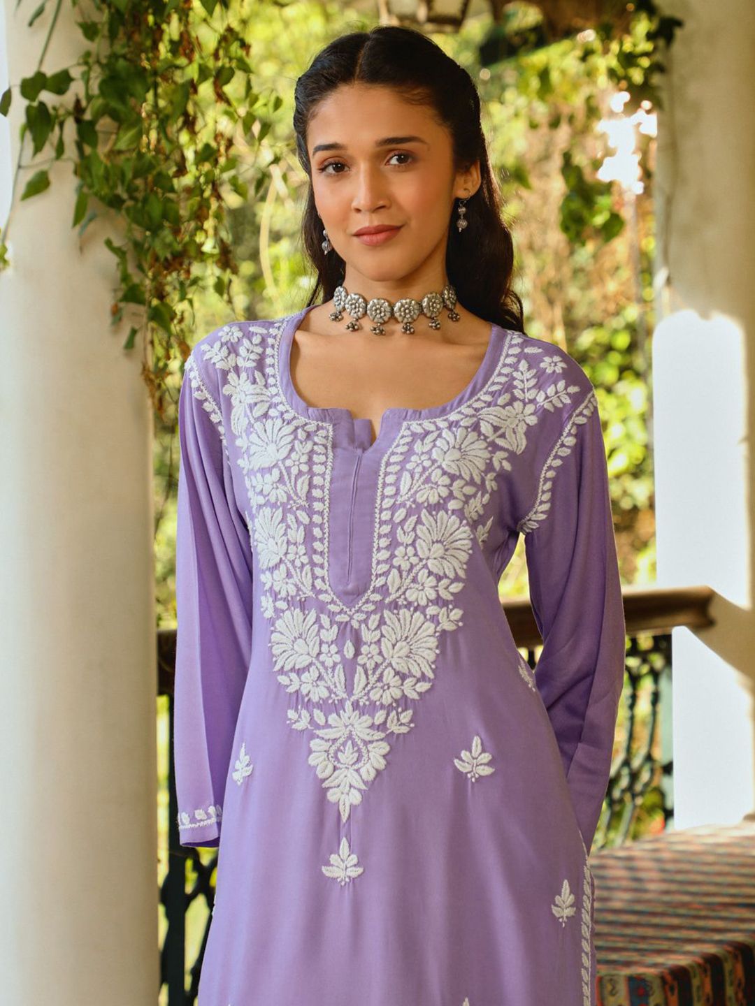 Women Chikankari Long Kurta House of Chikankari Women Lavender Rayon Chikankari Embroidered Kurta
