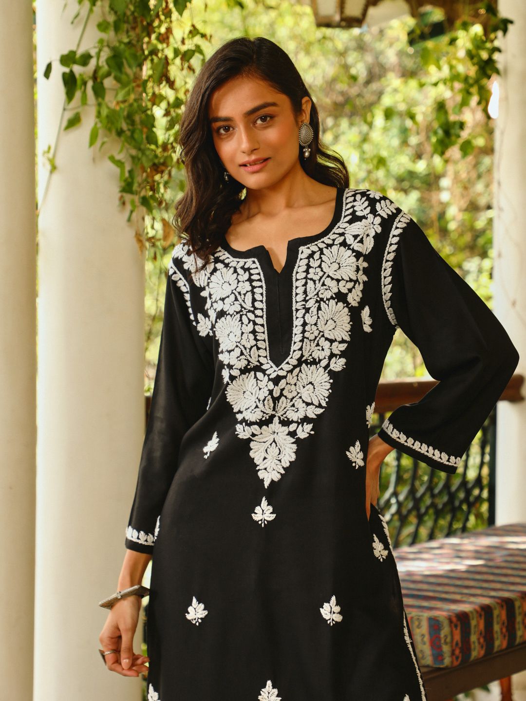 Women Chikankari Long Kurta House of Chikankari Women Black Rayon Chikankari Embroidered Kurta