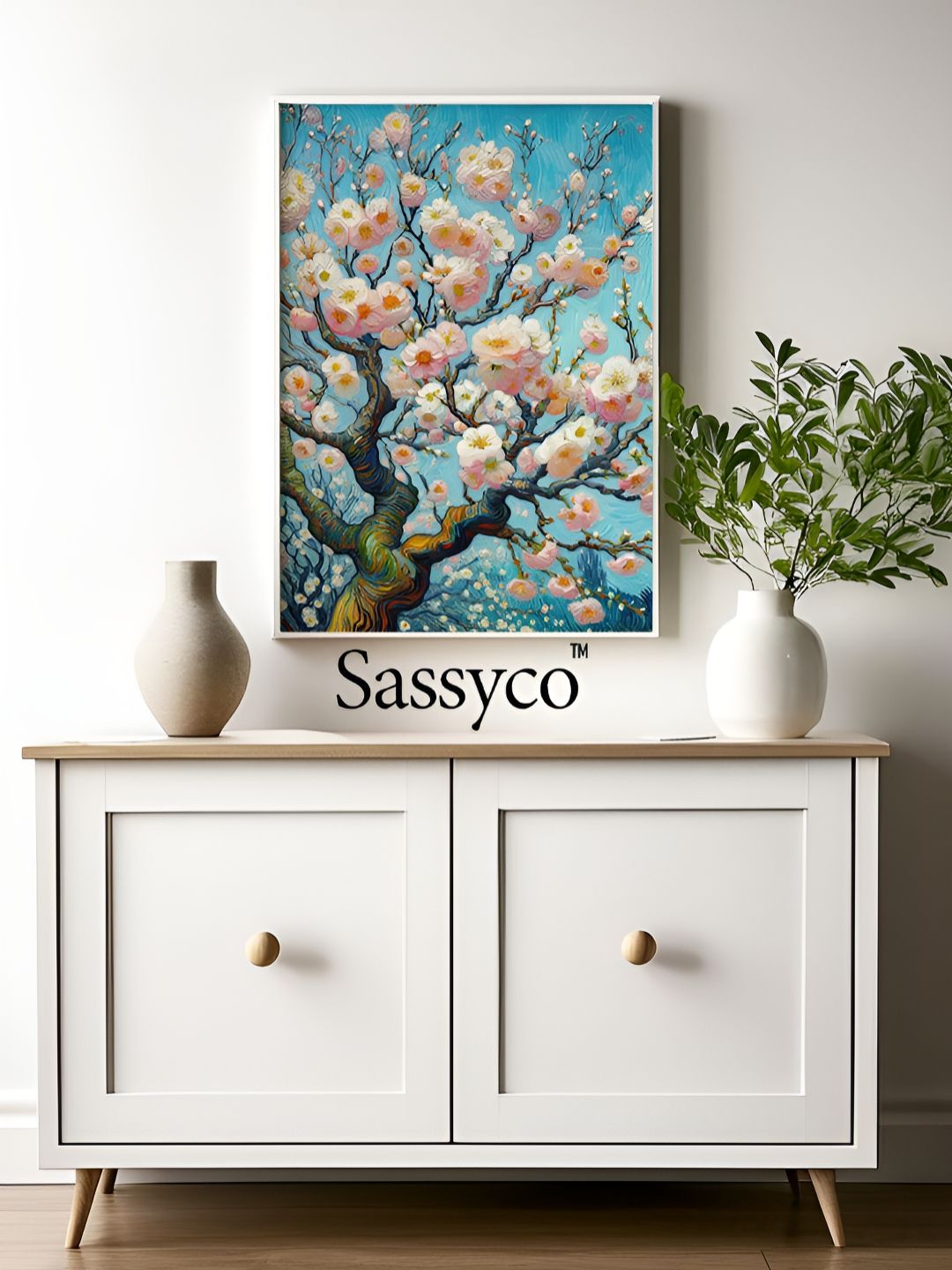 Sassyco Blue & Pink 1 Piece Canvas Floral and Botanical Wall Paintings