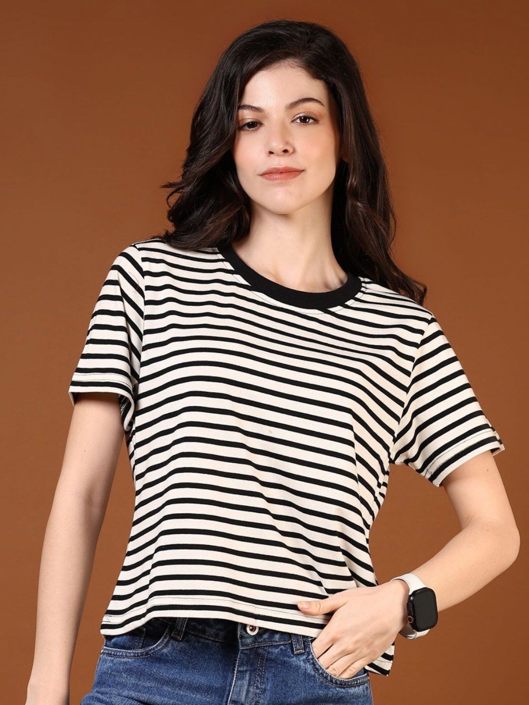 V-Mart Women Striped Drop-Shoulder Sleeves Monochrome Pockets T-shirt