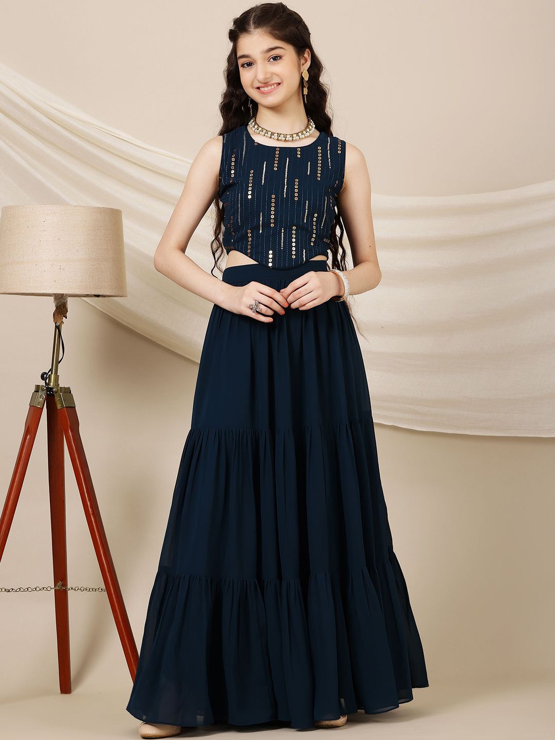 Inddus Girls Embroidered Sequinned Ready to Wear Lehenga &