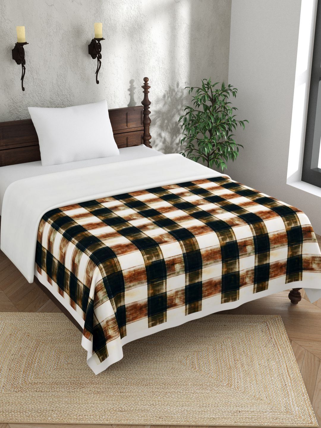 EverHOME Black & Brown Checked AC Room 150 GSM Single Bed Dohar