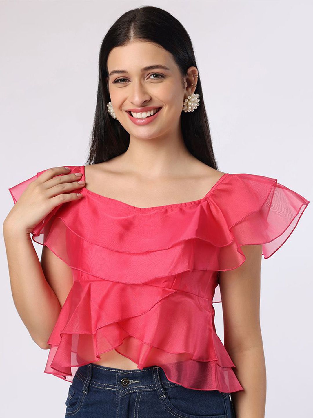 Buy Athena Red Sweetheart Neck Puff Sleeves Georgette Crop Top
