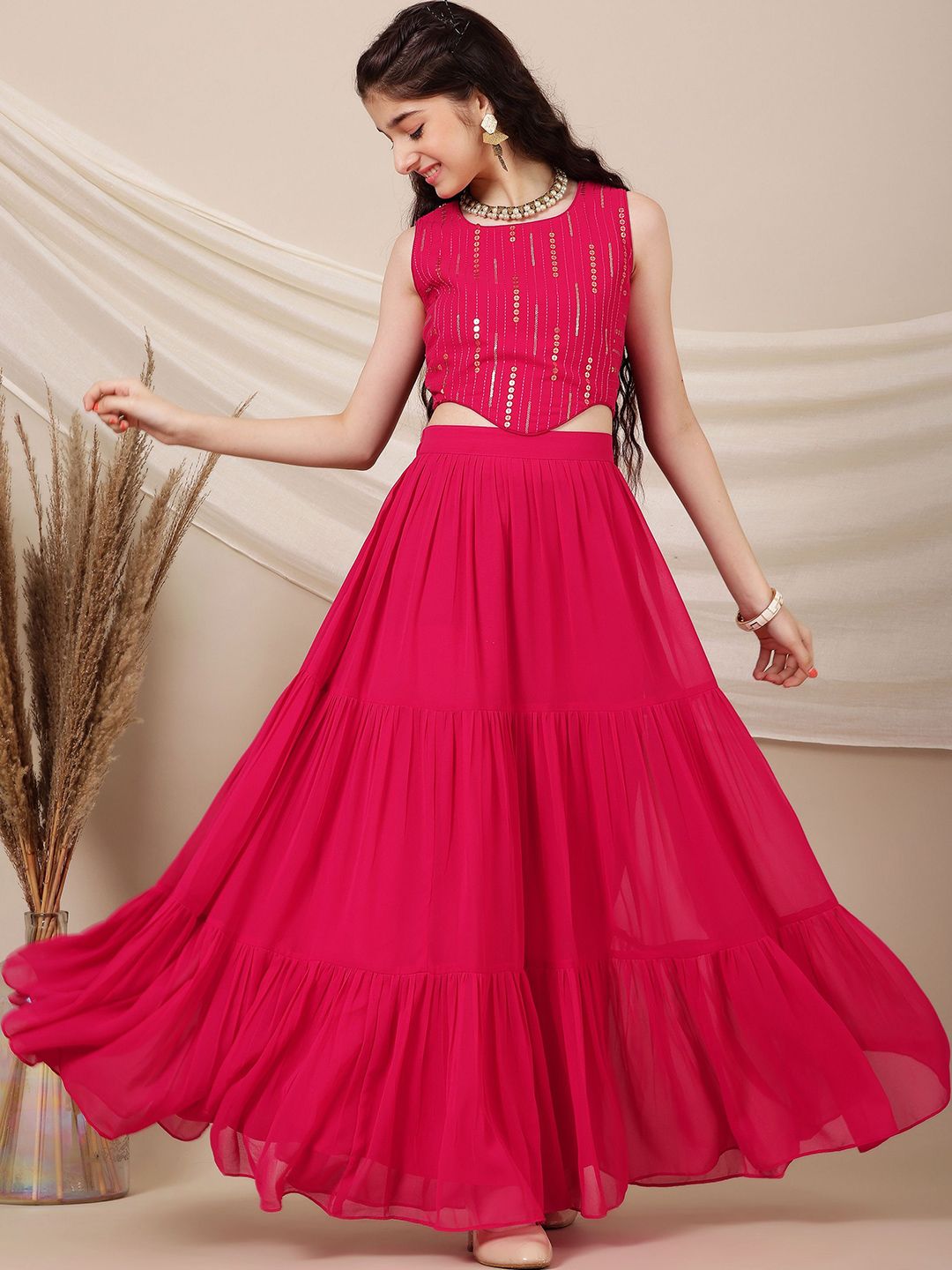 Inddus Girls Embroidered Sequinned Ready to Wear Lehenga &