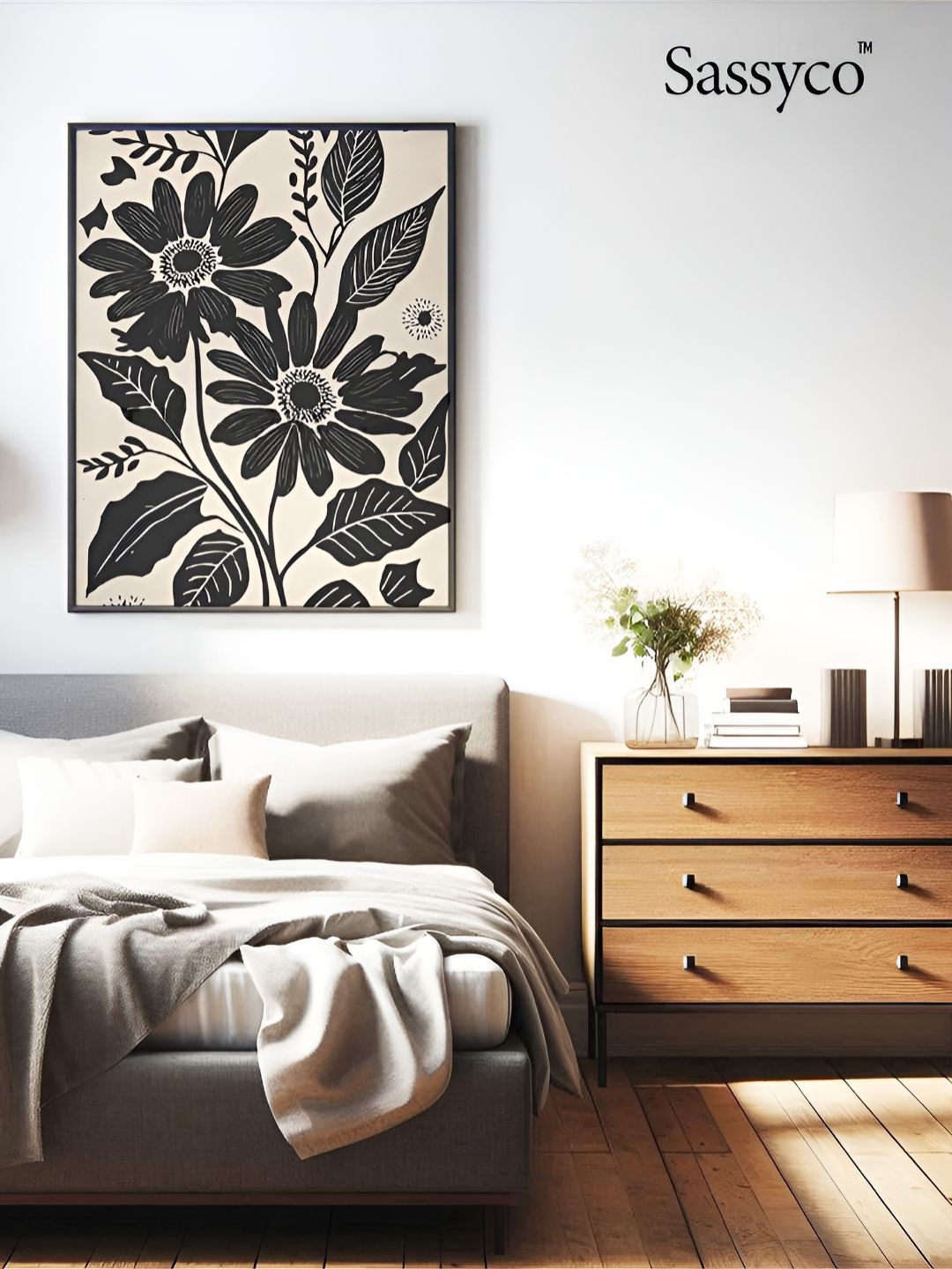 Sassyco Black & White 1 Piece Canvas Floral and Botanical Wall Paintings