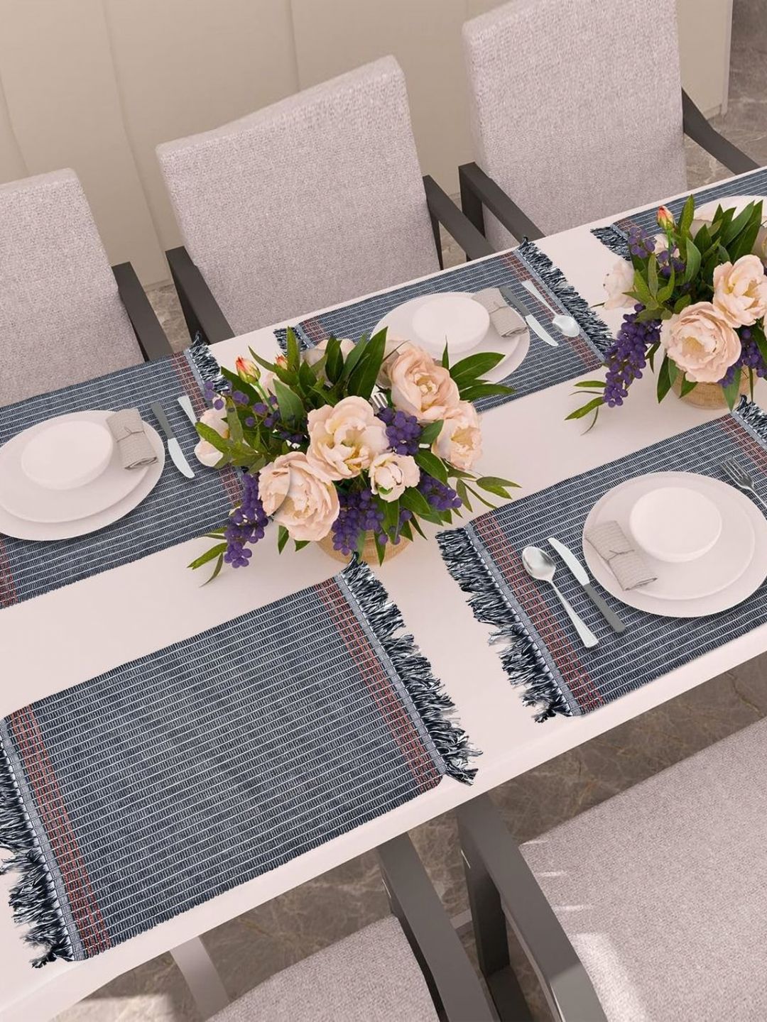 PRAKARTIK 6-Pcs Black & Grey Printed Cotton Table Placemats