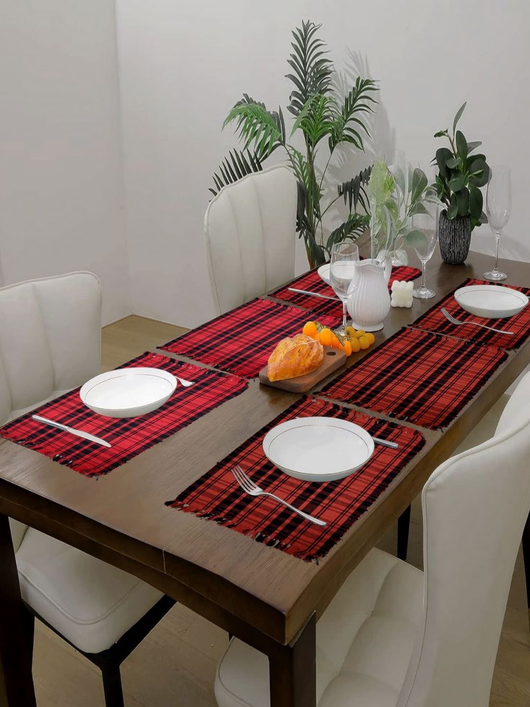 PRAKARTIK 6-Pcs Red & Black Printed Cotton Table Placemats
