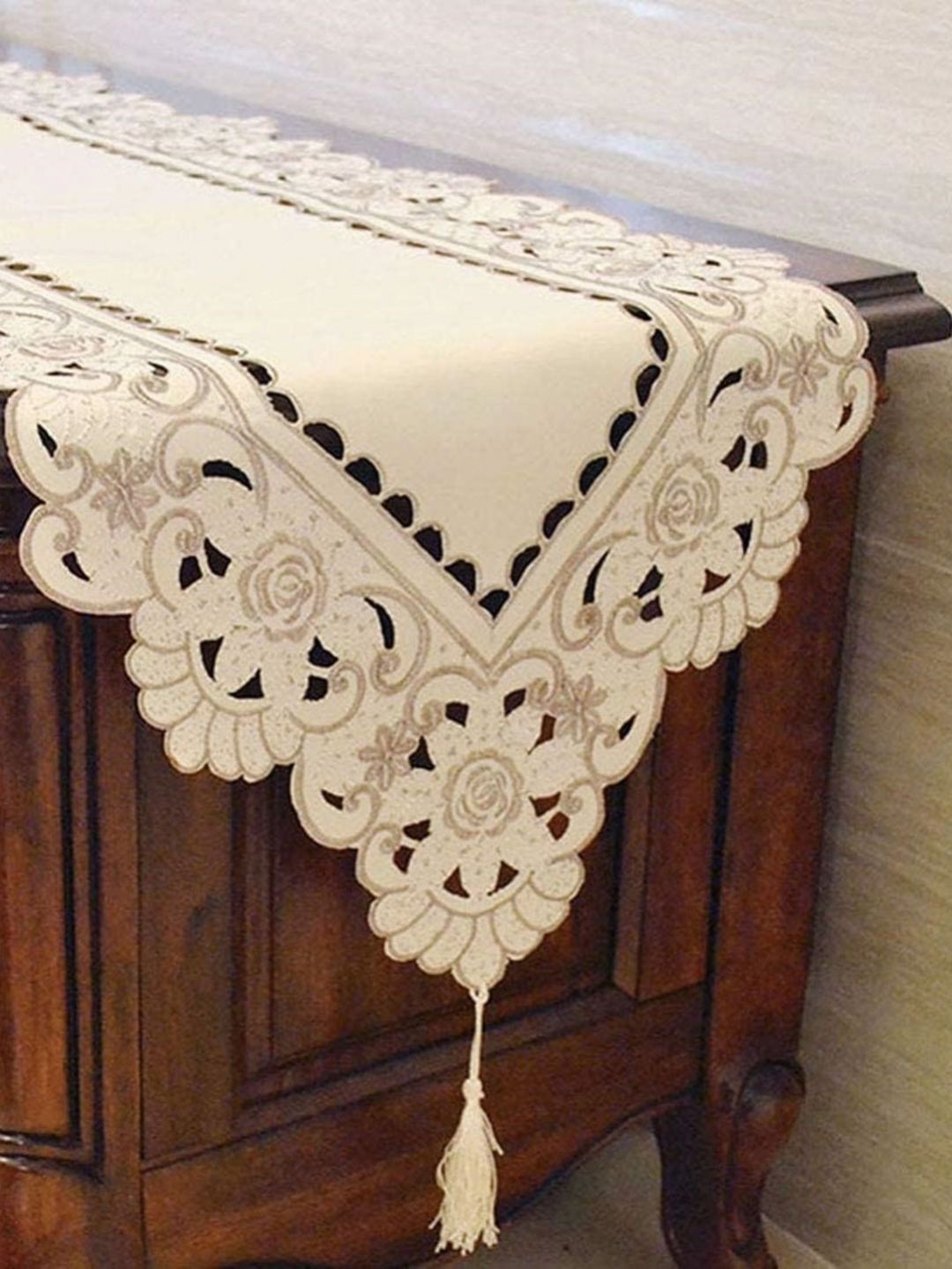 TANLOOMS Cream & Brown Embroidered Cutwork TableRunner