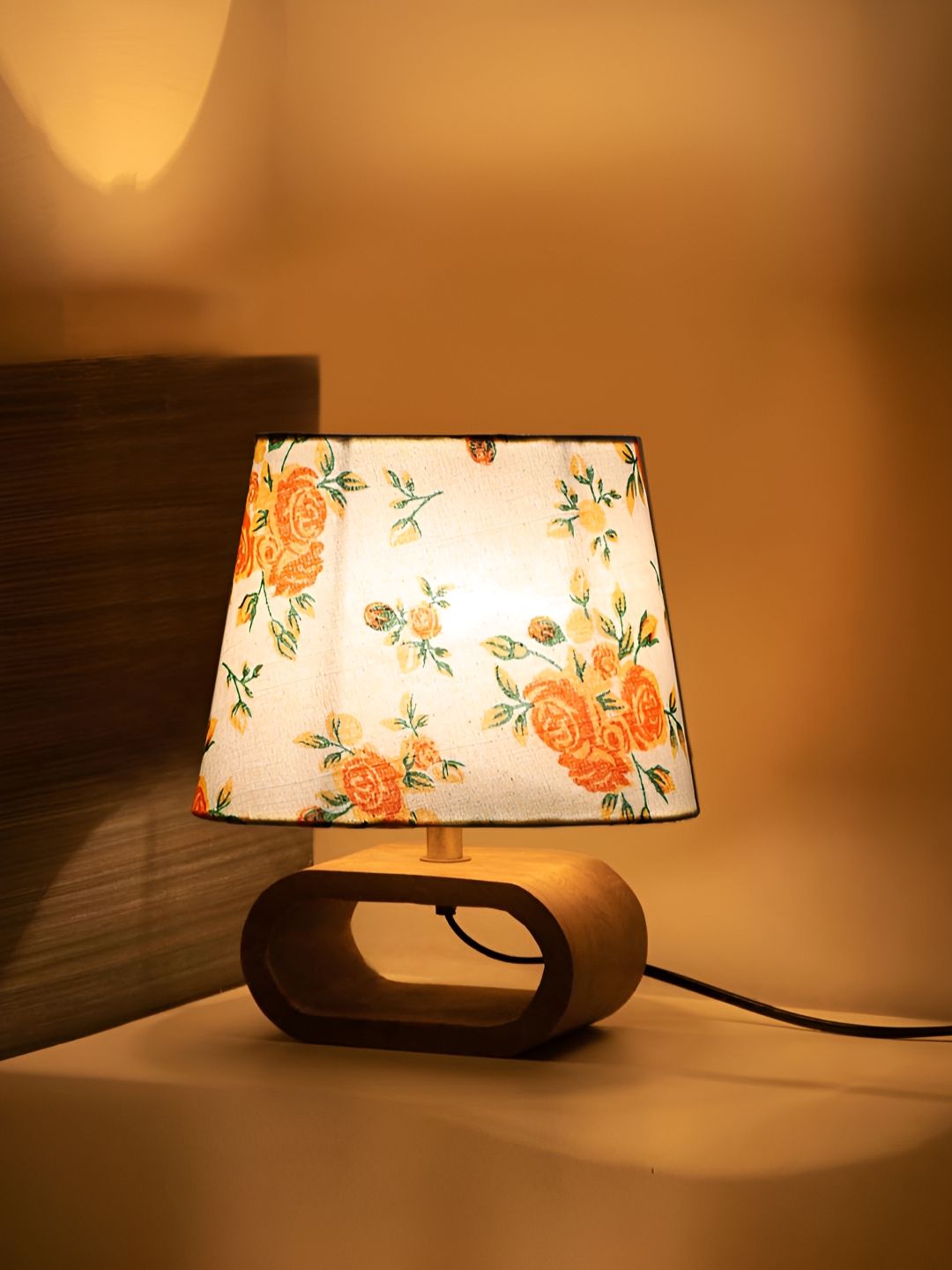 Devansh Warm Yellow Wood Frustum Printed High Quality Electrical Table Lamps
