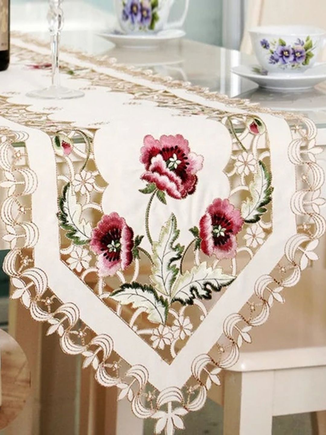 TANLOOMS Cream & Maroon Embroidery Cutwork TableRunner