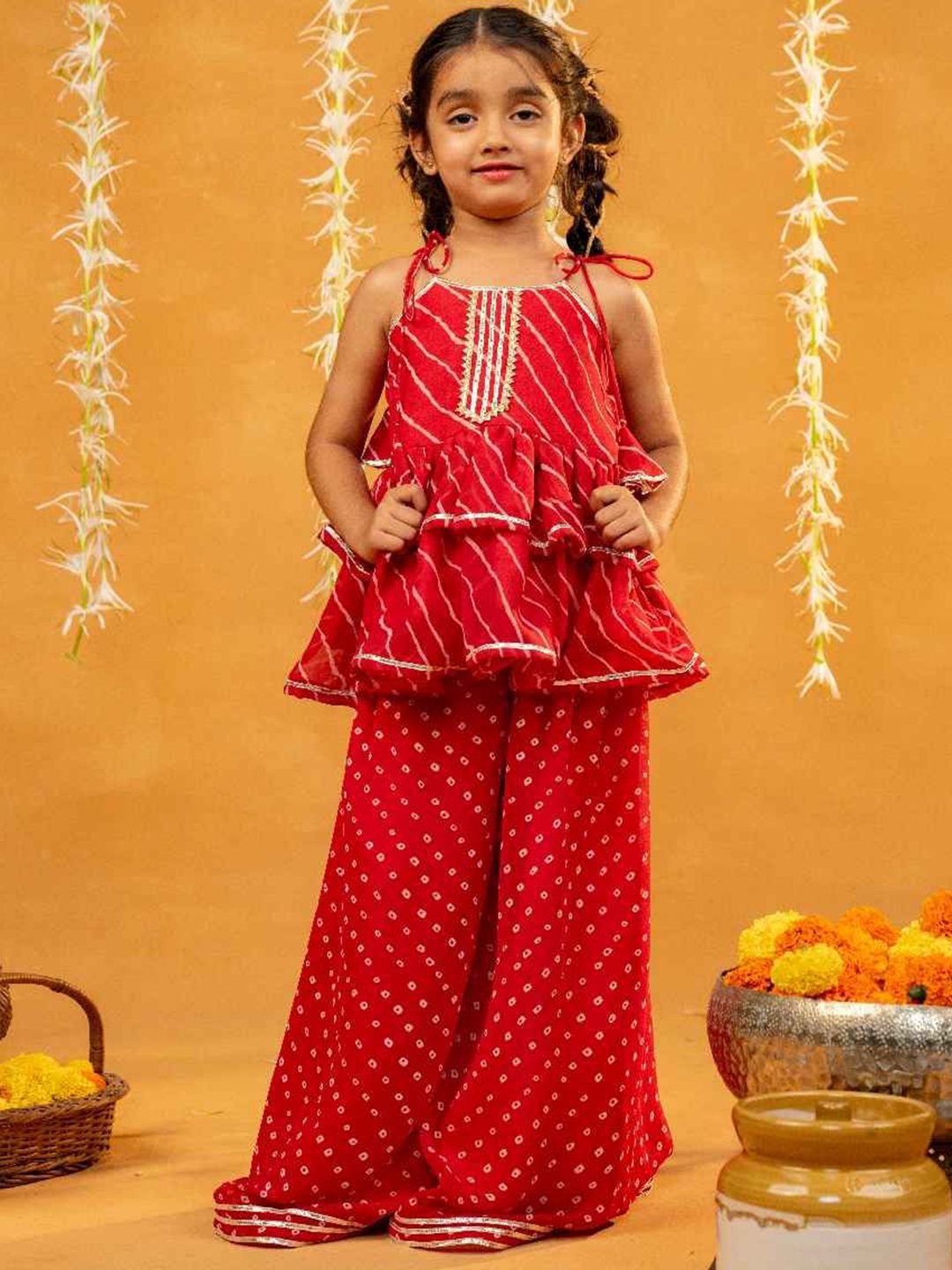 Jilmil Girls Leheriya Printed Regular Top with Palazzos