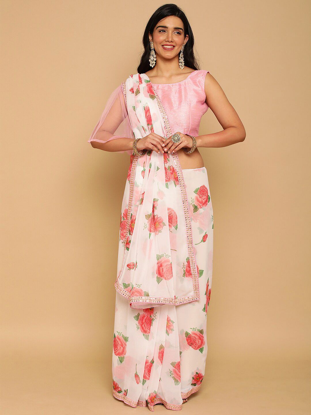 DIVASTRI Floral Sequinned Pure Georgette Saree
