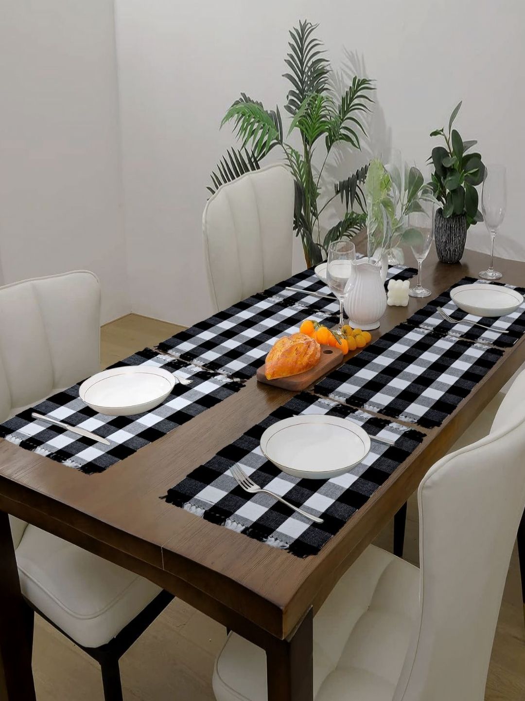 PRAKARTIK 6-Pcs White & Black Cotton Table Placemats