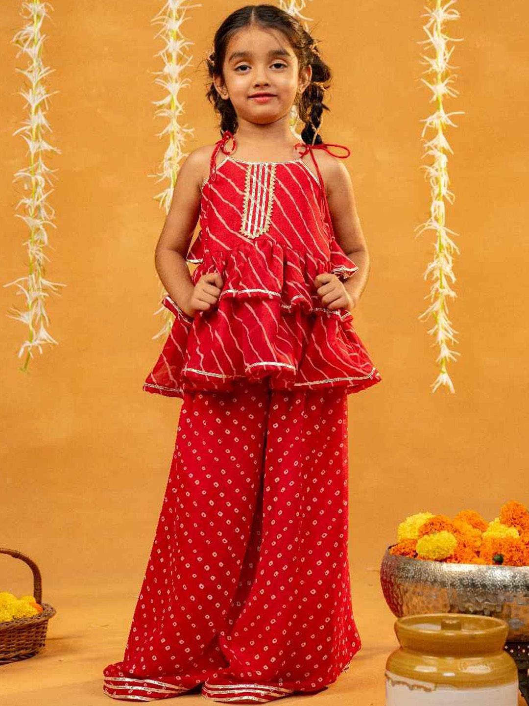 Jilmil Girls Ethnic Motifs Printed Layered Gotta Patti Top with Palazzos