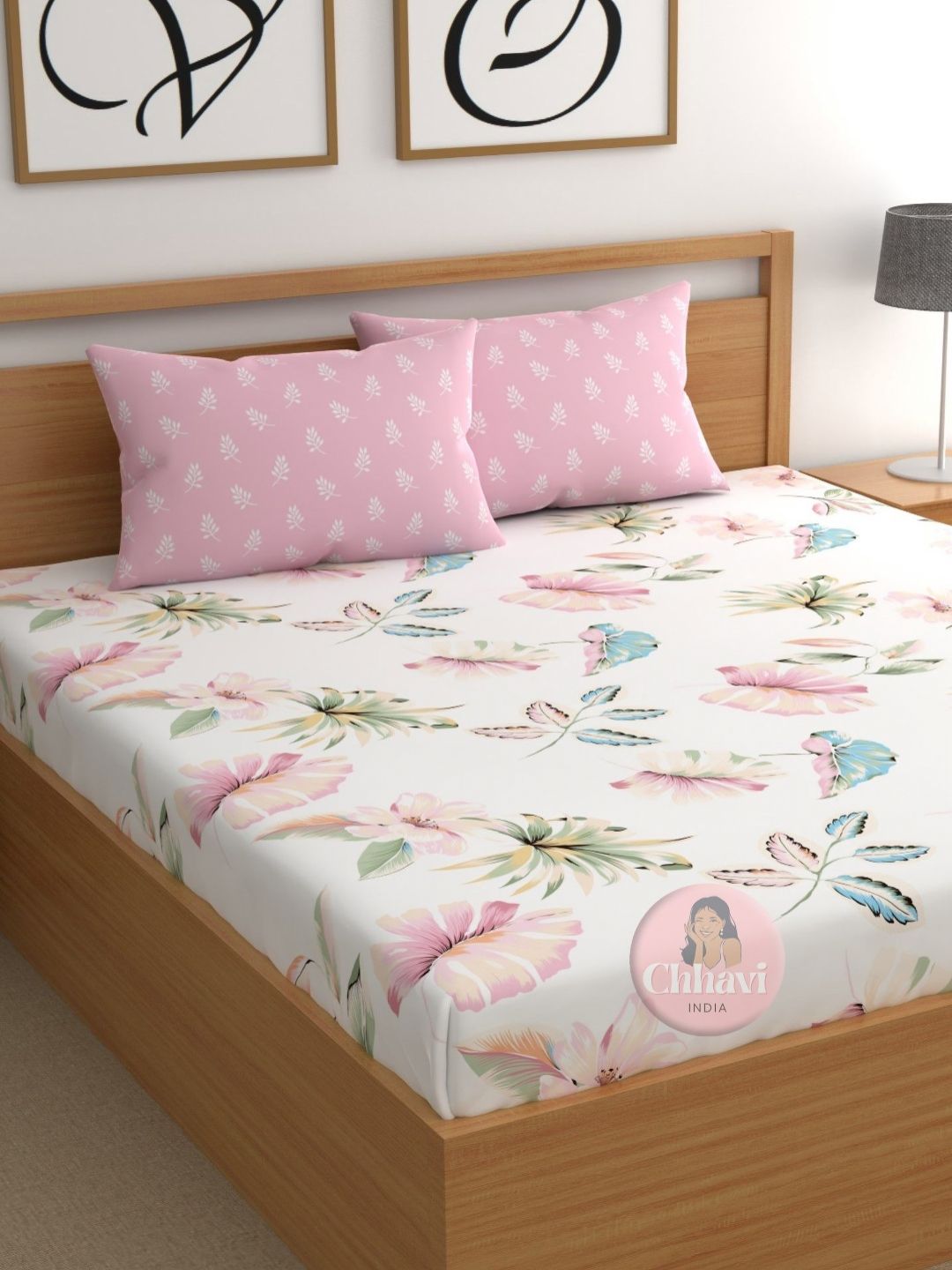 CHHAVI INDIA White Floral Polycotton Shrink Resistant 210 TC King Fine Bedsheet with 2 Pillow Covers-98 x 89 inches