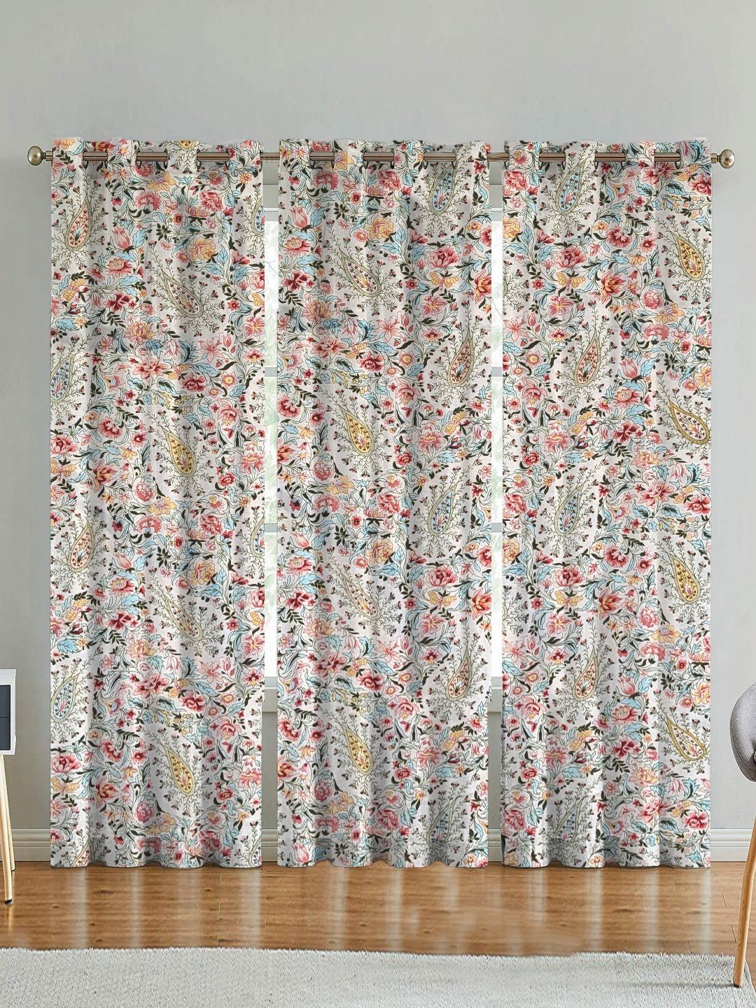 ANA White & Red Set of 3 Floral Room Darkening Door Curtain