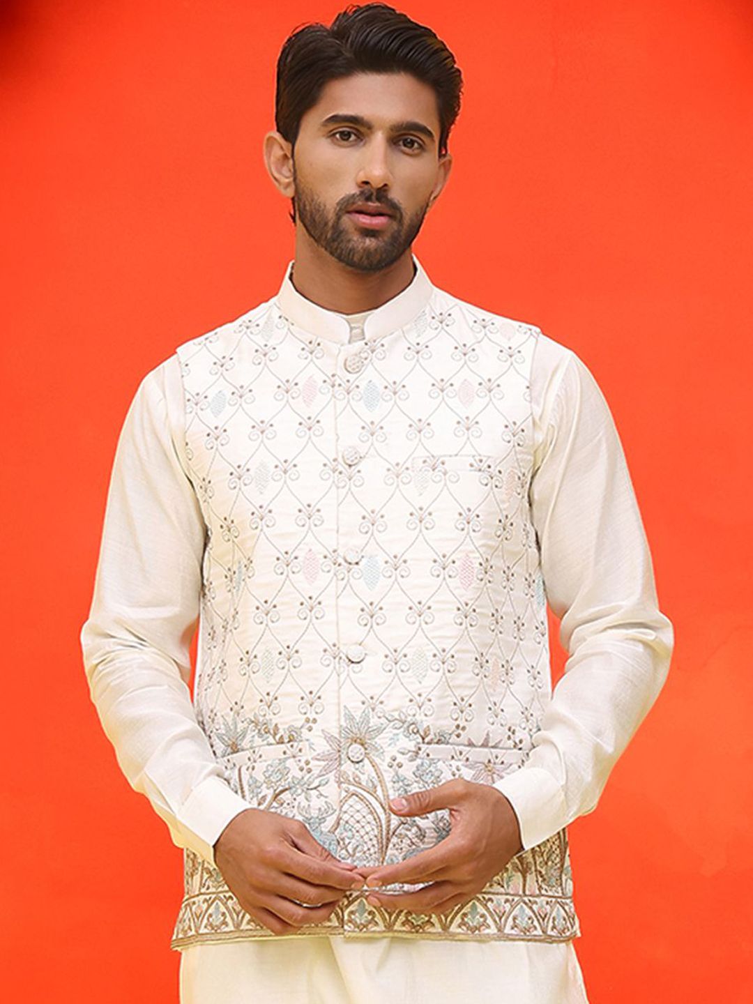 Jompers Embroidered Mandarin Collar Nehrujacket