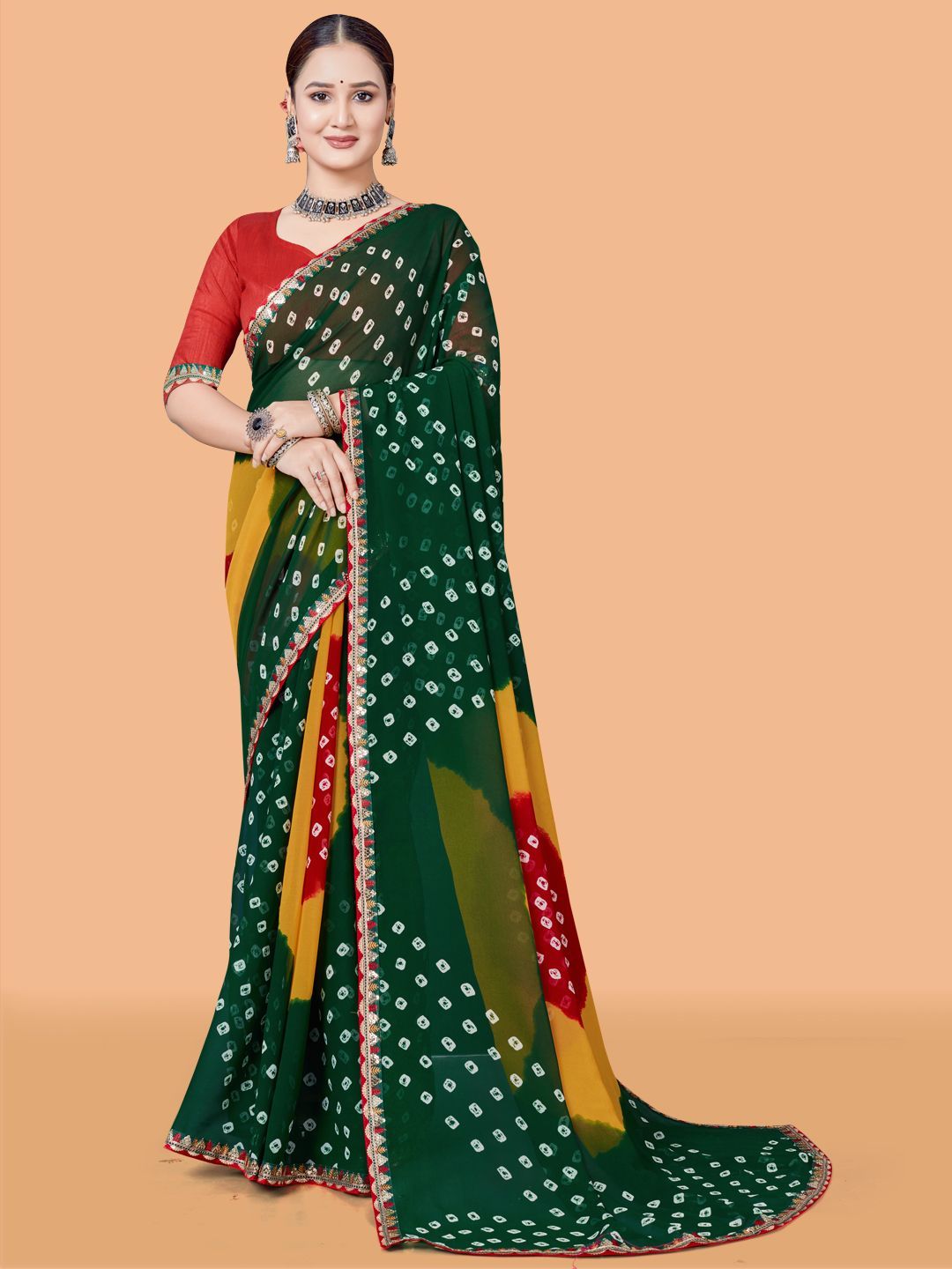 ASTEYAM Bandhani Sequinned Pure Georgette Bandhani Saree