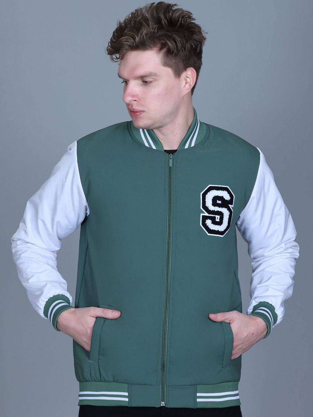 SANHOK Men Green Colourblocked Regular Bomber Jacket