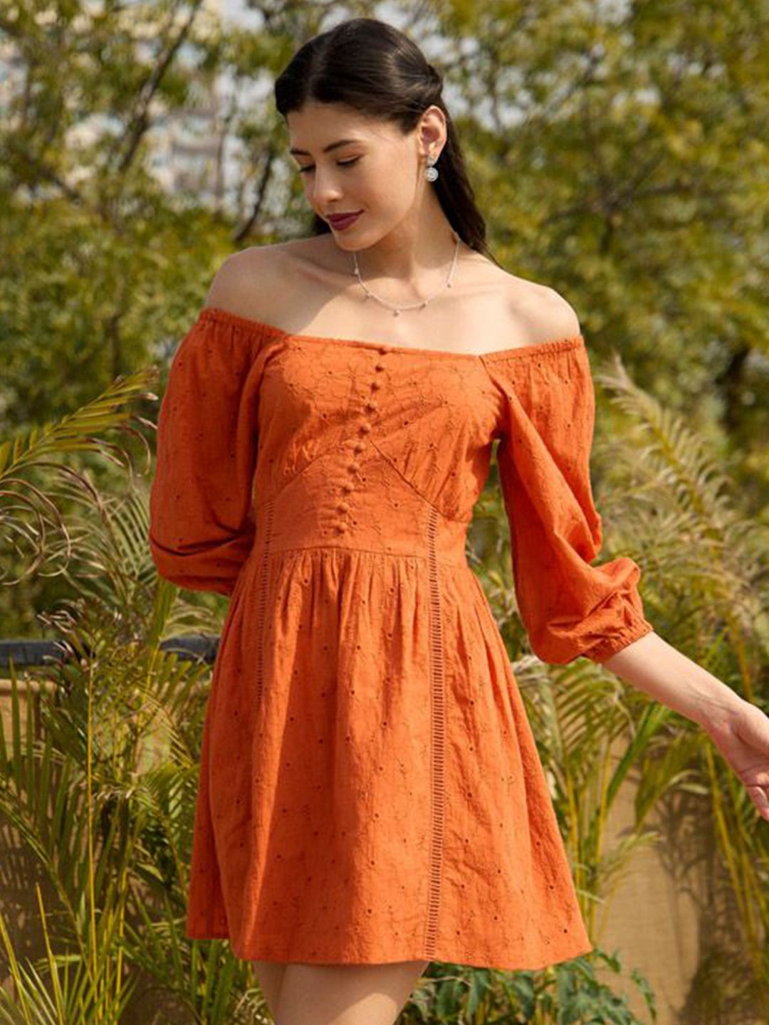 orange off shoulder pleated chiffon dress Mini Dress Buy Shades Of Sabi Off- Shoulder Fit Flare Color:Champagne Black Dot 8096 Glossy Women with Back Evening dresses making it perfect for