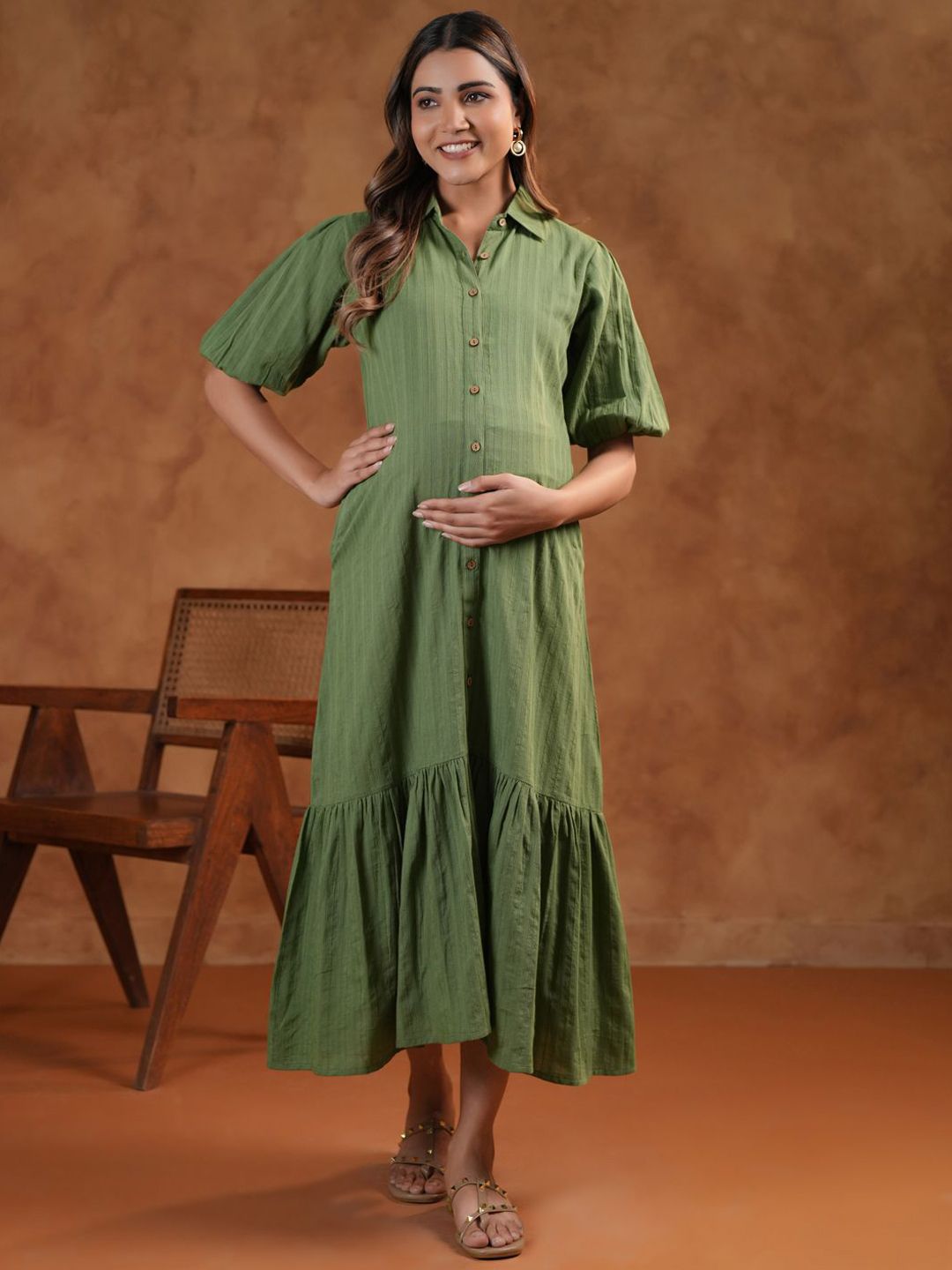 anayna Shirt Collar Neck Fit & Flared Maternity Ethnic Dresses