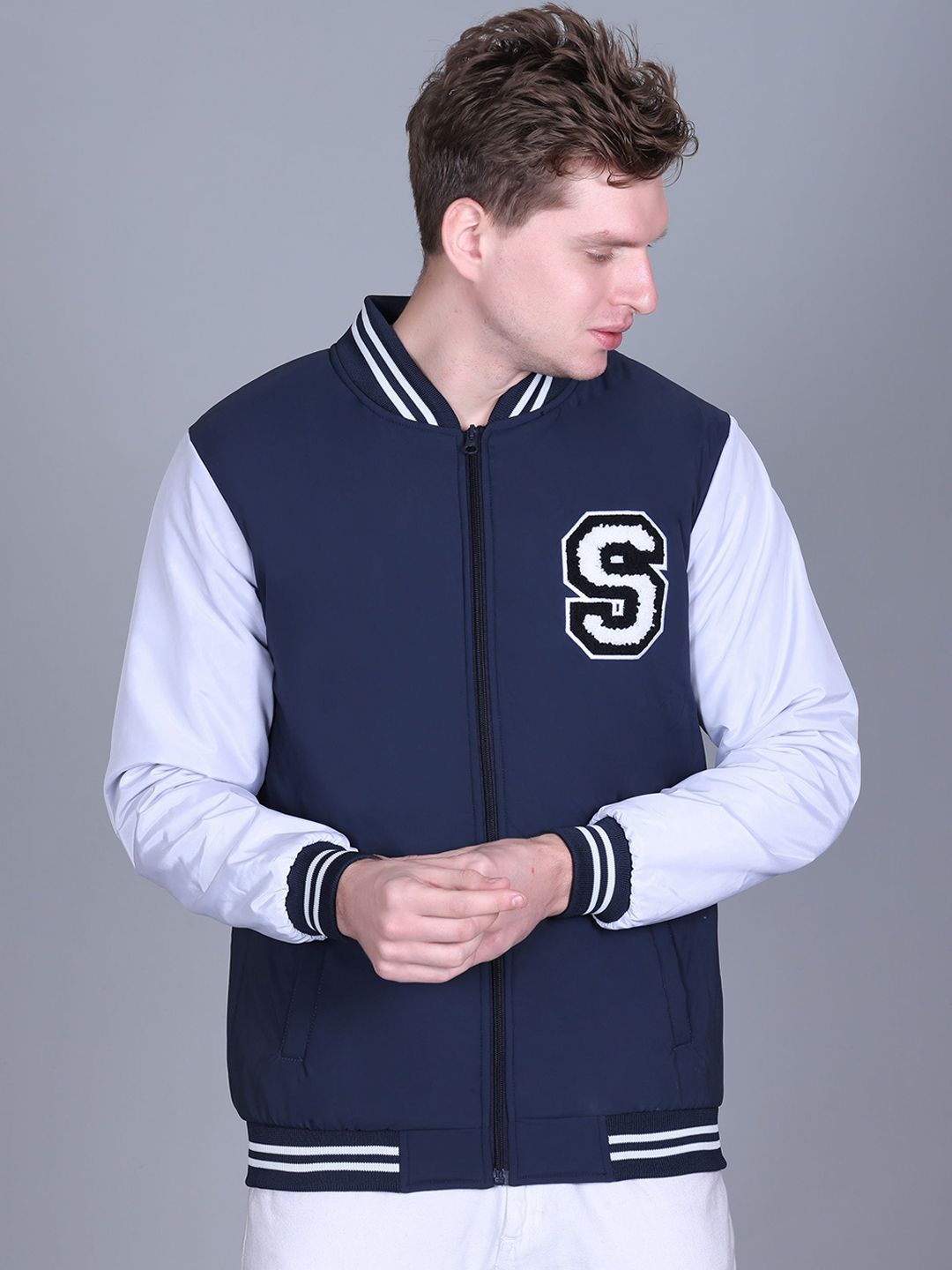 SANHOK Men Colourblocked Polyester Lightweight Bomber with Patchwork Jacket