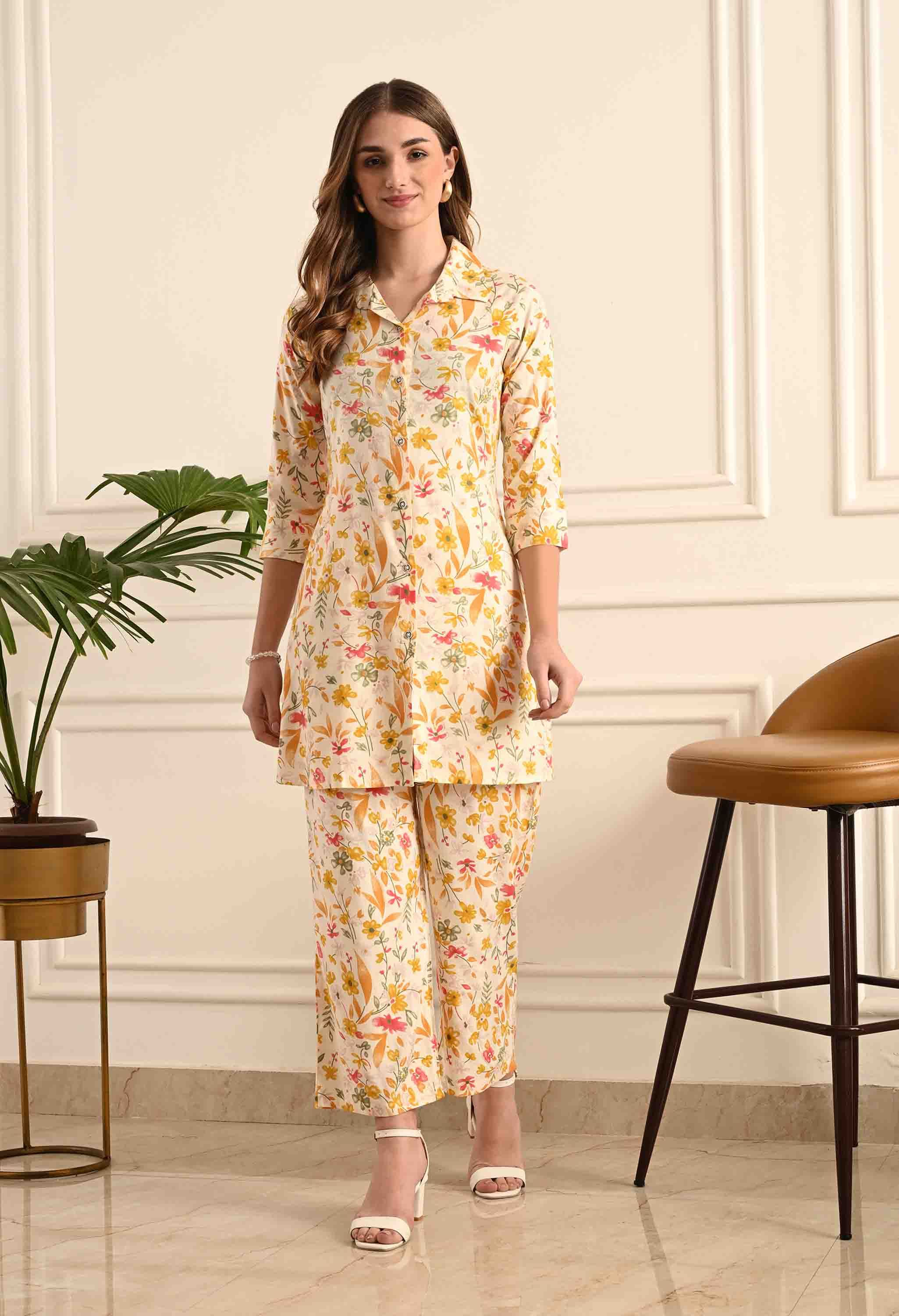 Mintmarie Floral Printed Shirt Collar Shirt With Trousers