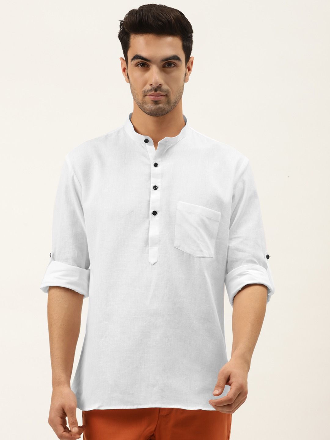 RAJUBHAI HARGOVINDAS Band Collar Roll-Up Sleeves Short Kurta