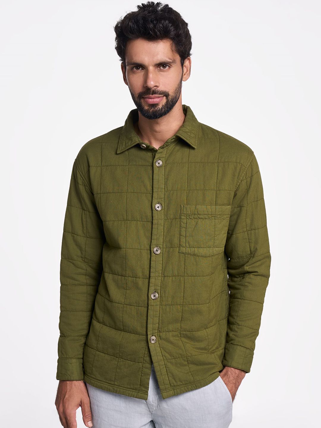 Terra Luna Men Spread Collar Solid Cotton Casual Tailored Jacket
