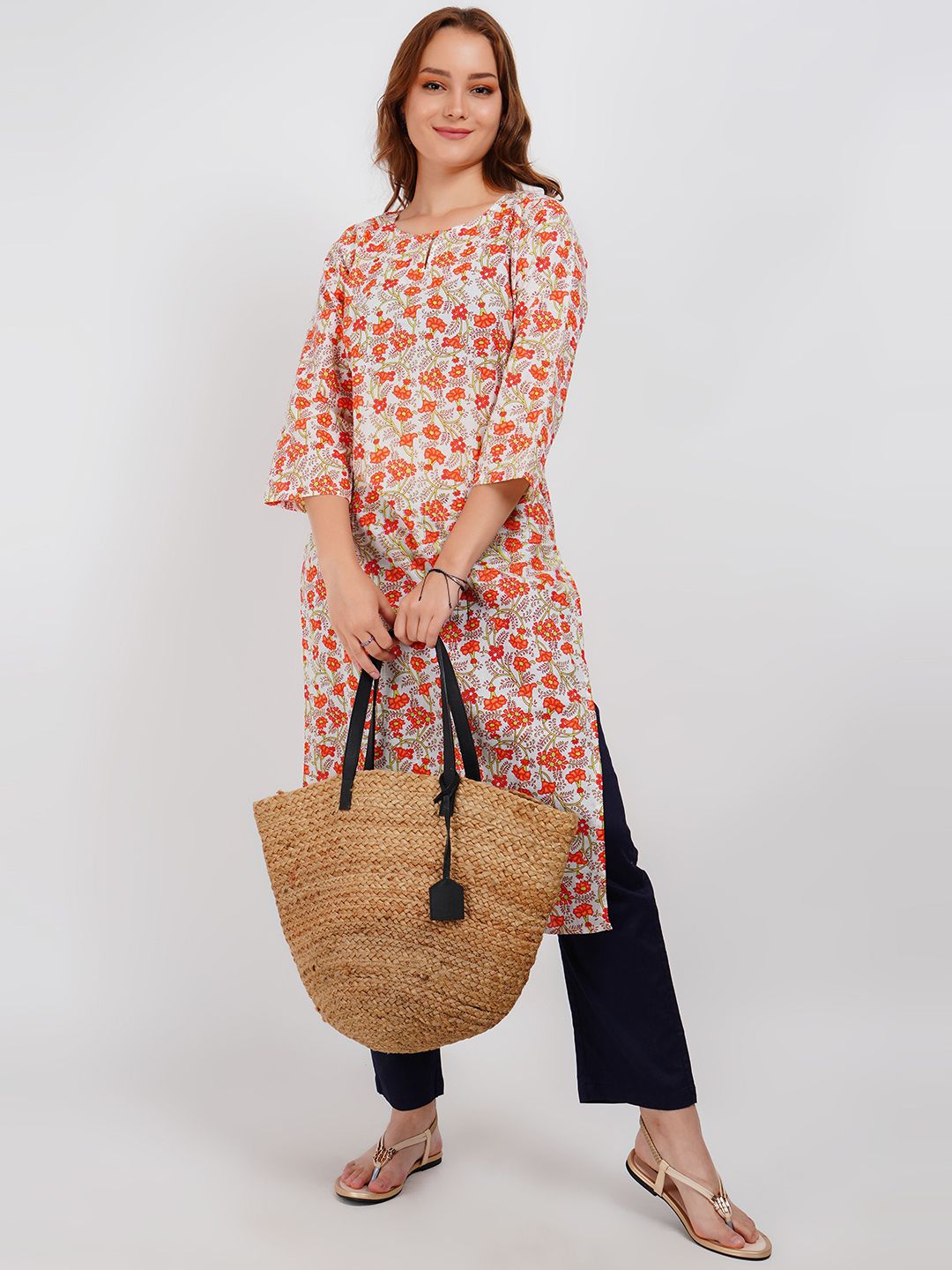 Lavantika Floral Printed Key Hole Neck Pure Cotton Straight Kurta