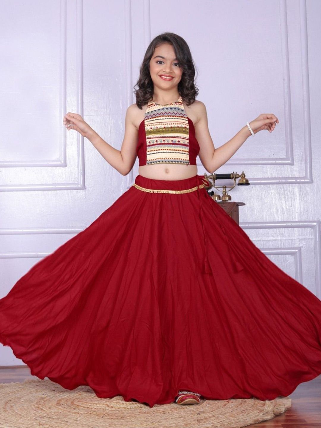 Anneca Girls Halter Neck Foil Printed Ready to Wear Lehenga & Choli With Dupatta