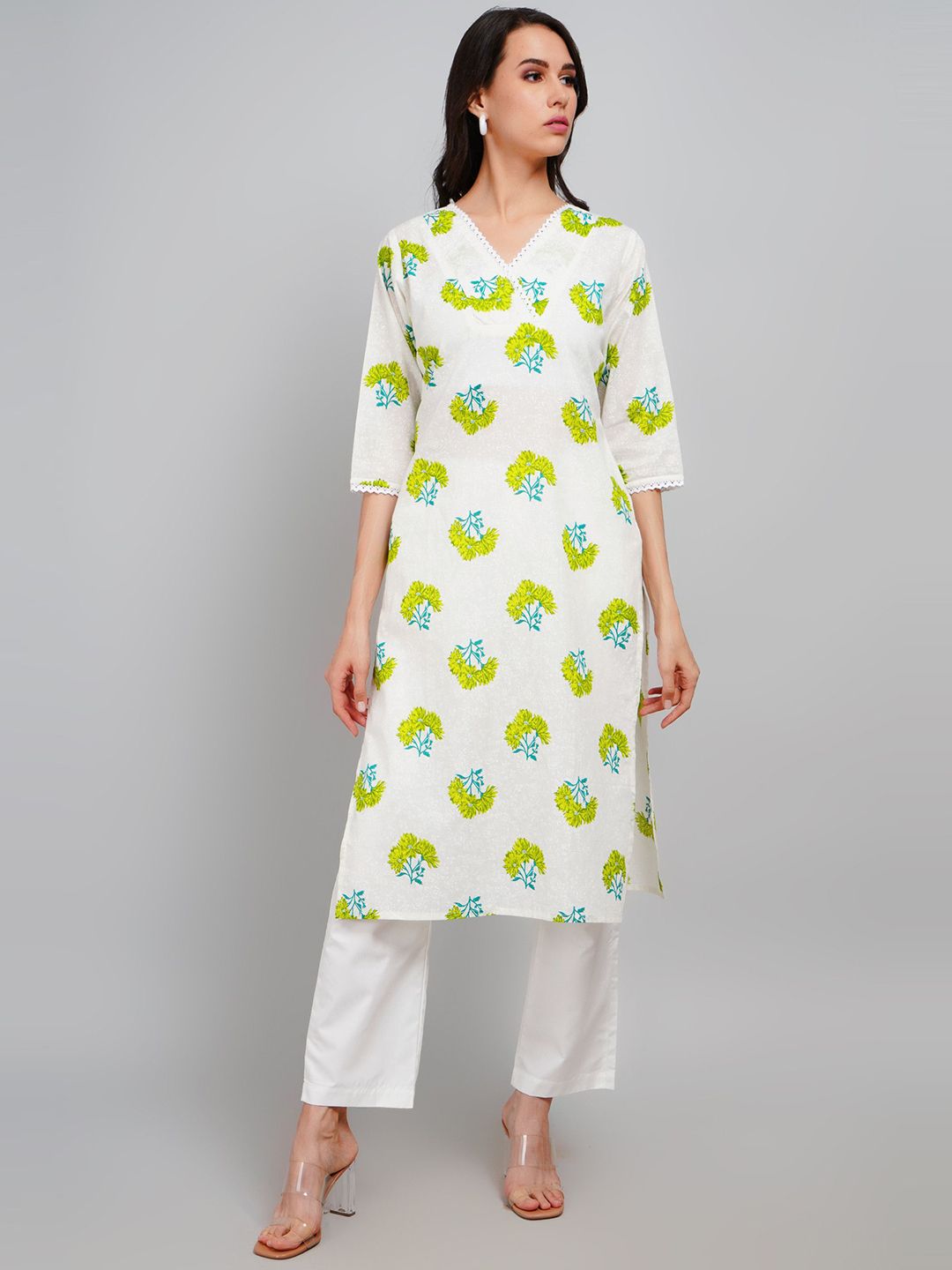 Lavantika Floral Printed V-Neck Cotton Straight Kurta