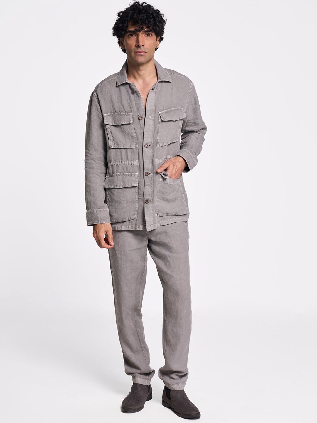 Terra Luna Men Spread Collar Solid Cotton Casual Tailored Jacket
