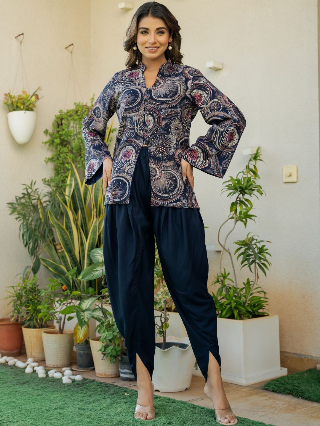 HOUSE OF JAMOTI Navy Blue Stylish Floral Printed Dhoti Co Ords Set