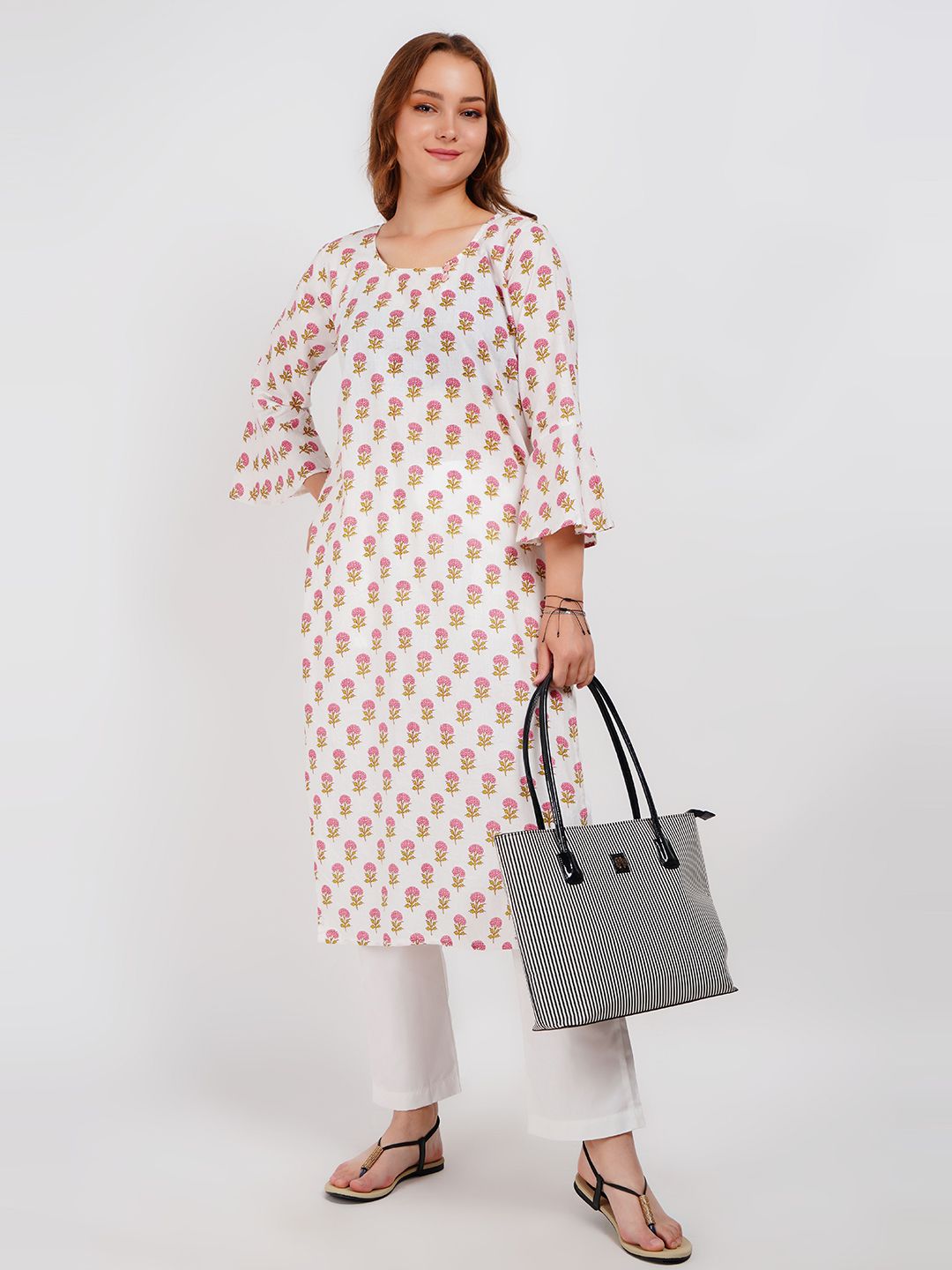 Lavantika Floral Printed Bell Sleeves Pure Cotton Straight Kurta