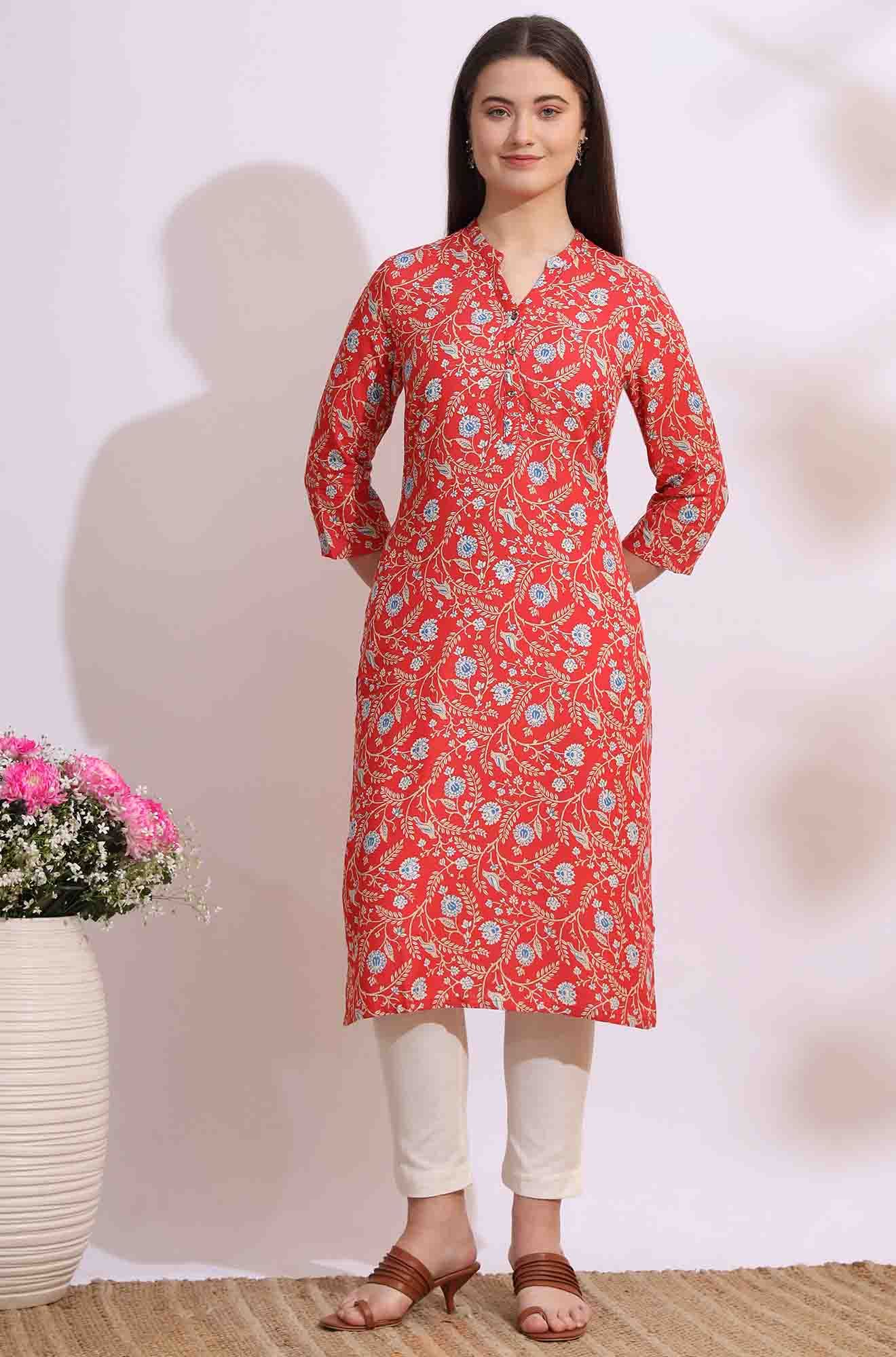 W W Floral Printed Mandarin Collar Cotton Straight Kurta