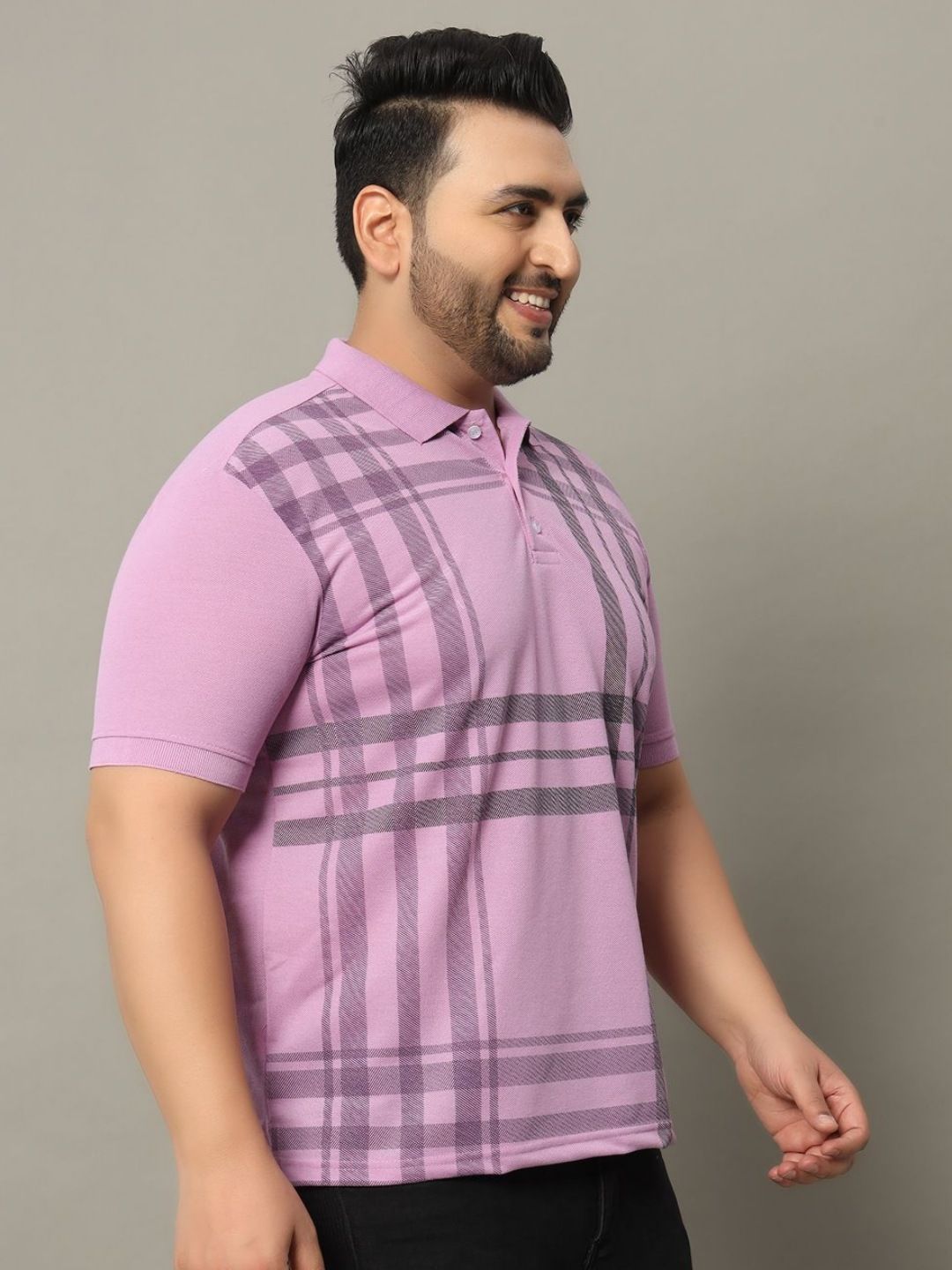 RELANE Men Plus Size Checked Polo Collar Cotton T-shirt