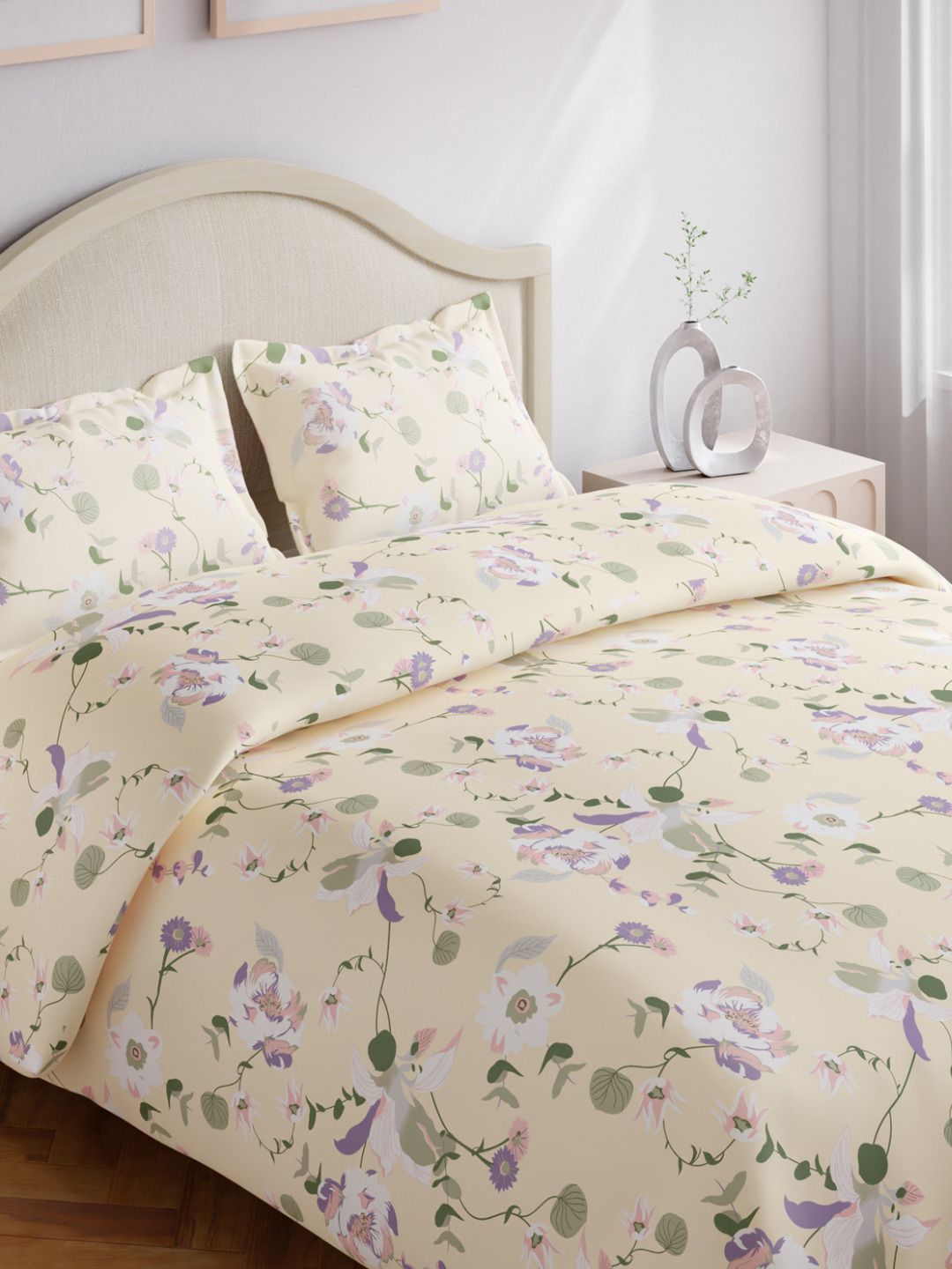 Bedsheet with 2 Pillow Covers haus & kinder Bold Purple & Beige Floral Pure Cotton 144 TC King Bedsheet Set-2.75mx2.75m