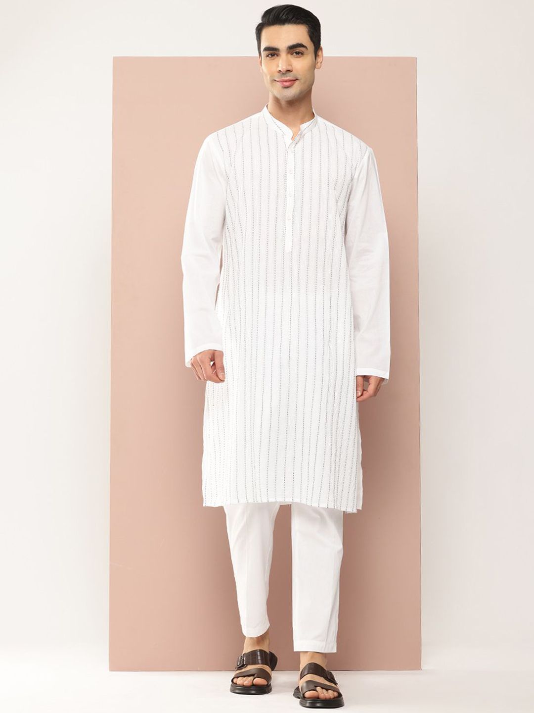 See Designs Men Mandarin Collar Striped Embroidered Kantha Work Pure Cotton Straight Kurta