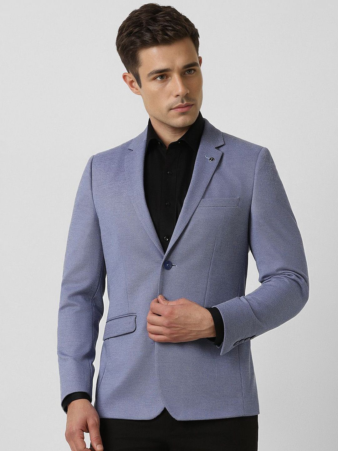 Van Heusen Self Design Notched Lapel Collar Slim Fit Single Breasted Formal Blazer
