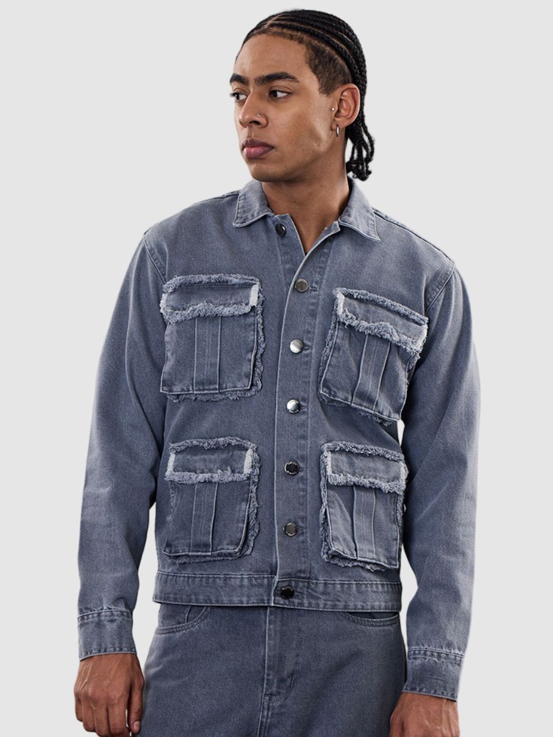 Snitch Men Revolution Solid Utility Pockets Denim Jacket