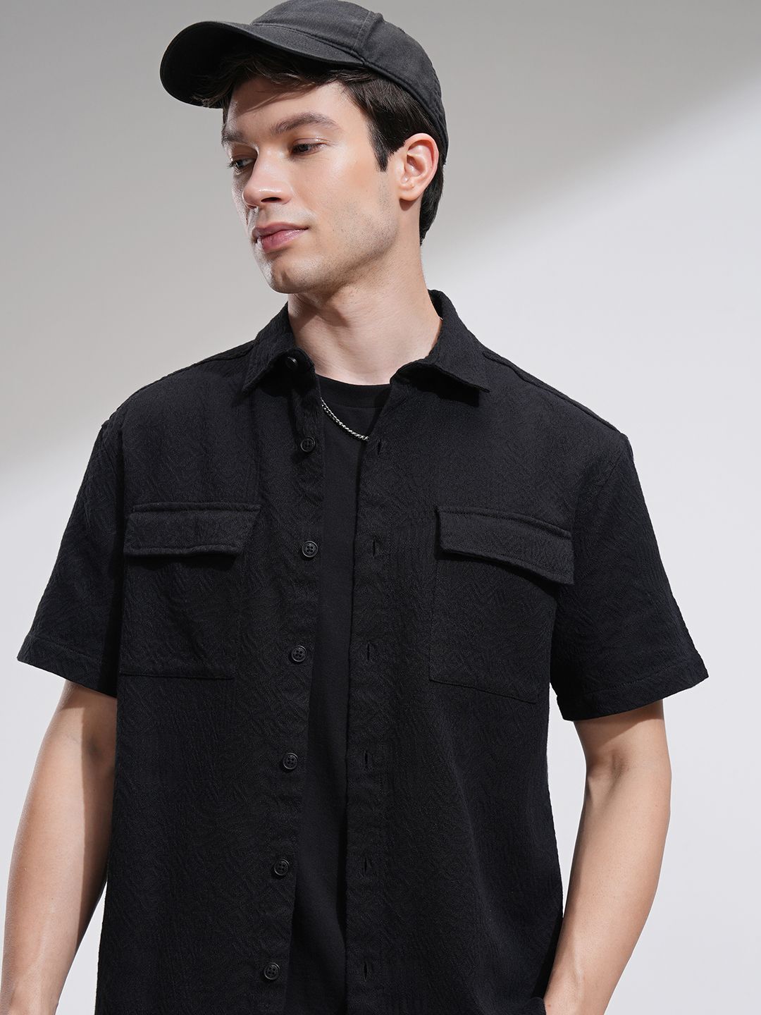 HIGHLANDER Men Jacquard Textured Solid Oversized Overshirt