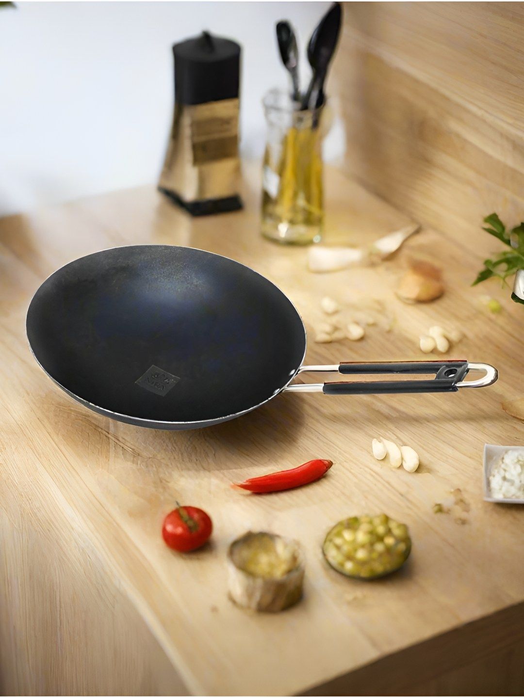 Nyra Kitchenware Black Iron Chinese Wok With Steel Covered Handle