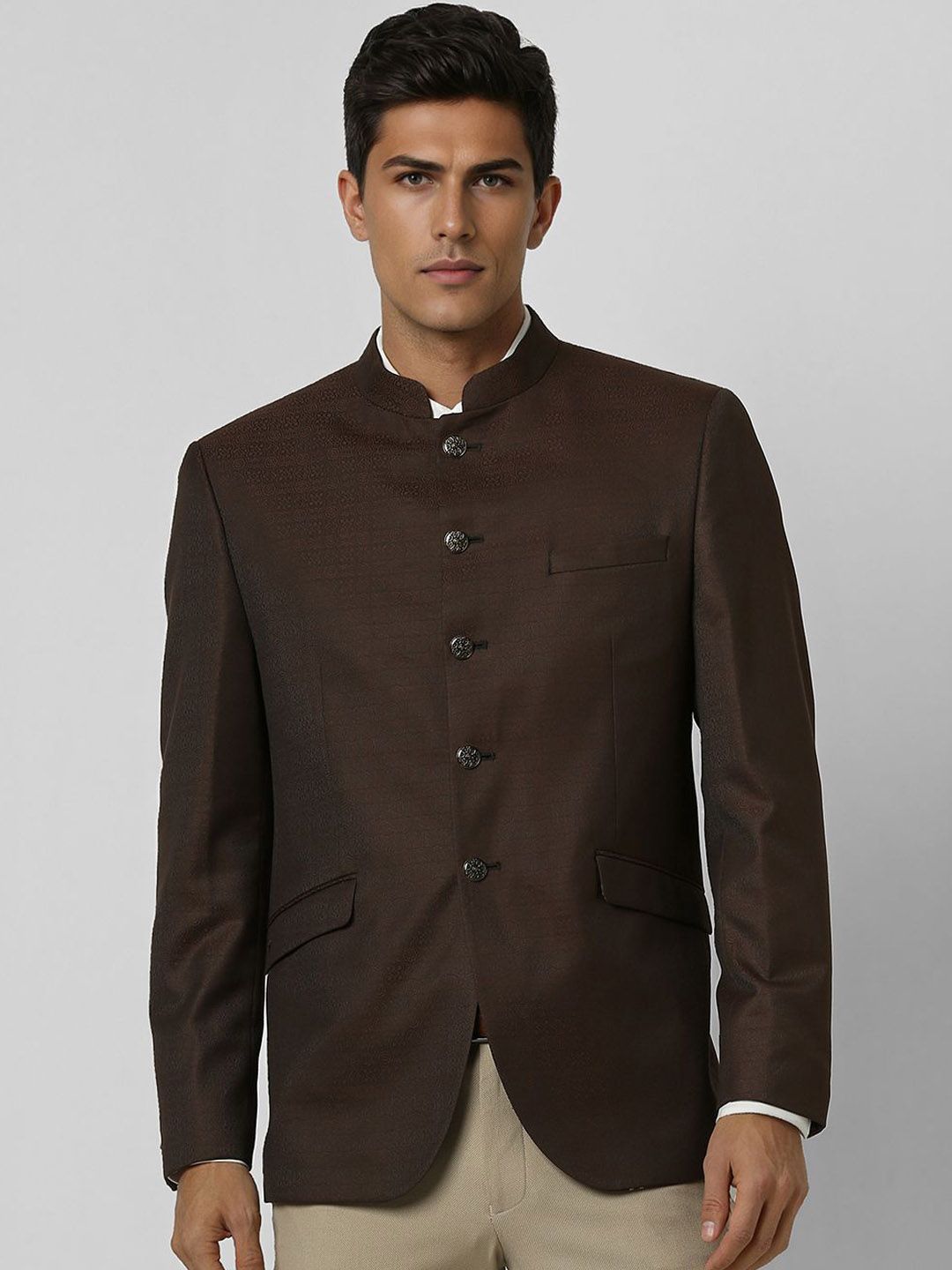 Van Heusen Self Design Mandarin Collar Slim Fit Single Breasted Formal Blazer