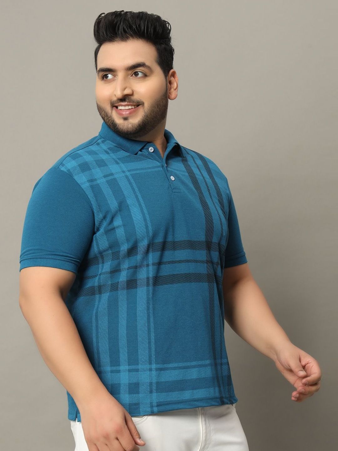 RELANE Men Plus Size Checked Polo Collar Cotton T-shirt