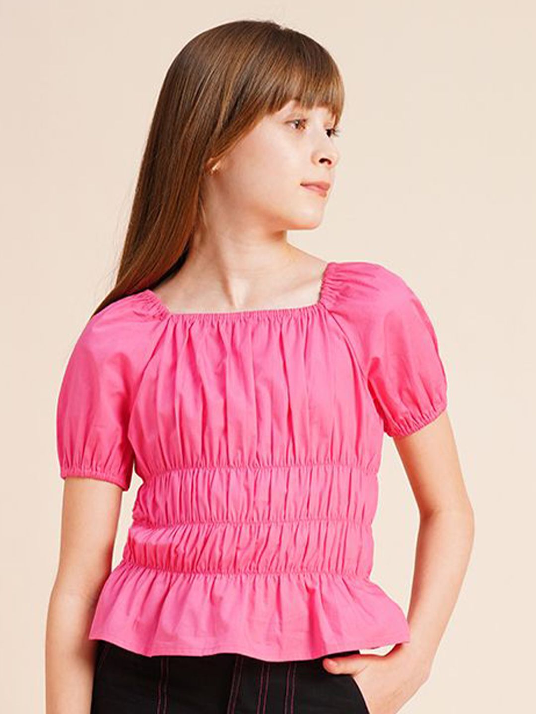 Vero Moda Vero Moda Girl Smocked Puff Sleeves Cotton Peplum Top