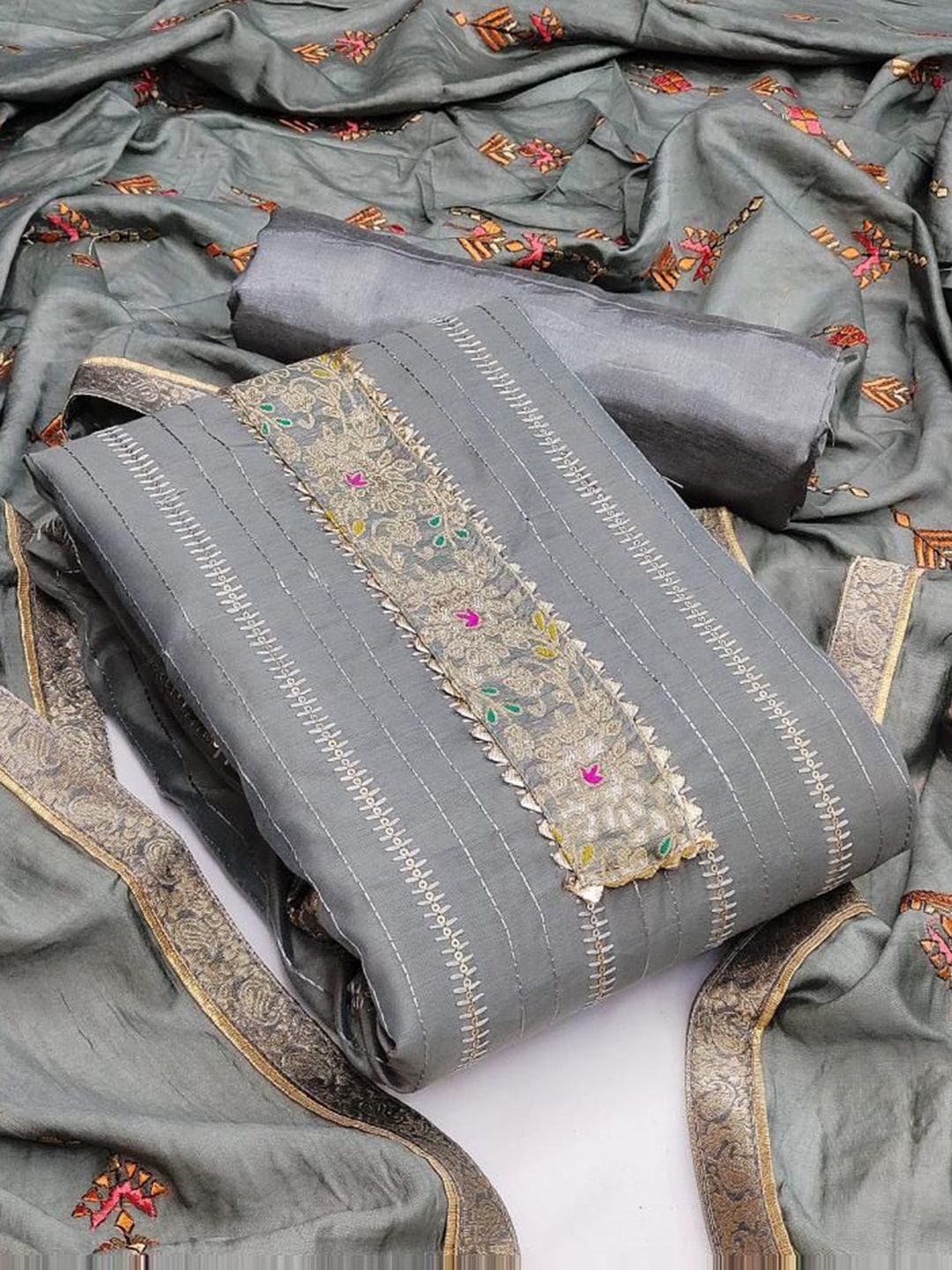 KALINI Floral Embroidered Sequinned Chanderi Silk Unstitched Dress Material