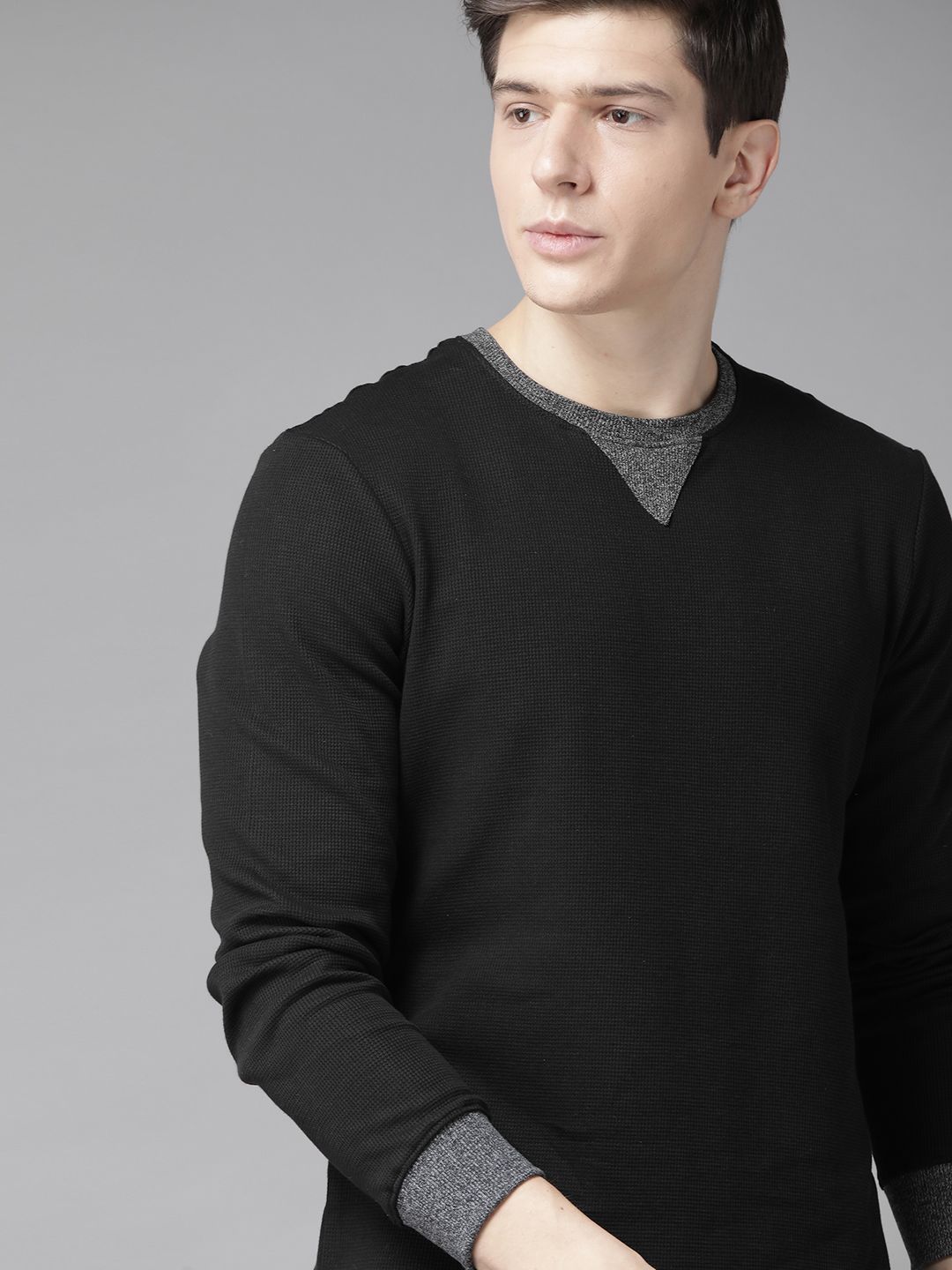 Roadster Men Black Self-Design Round Neck Pure Cotton T-shirt