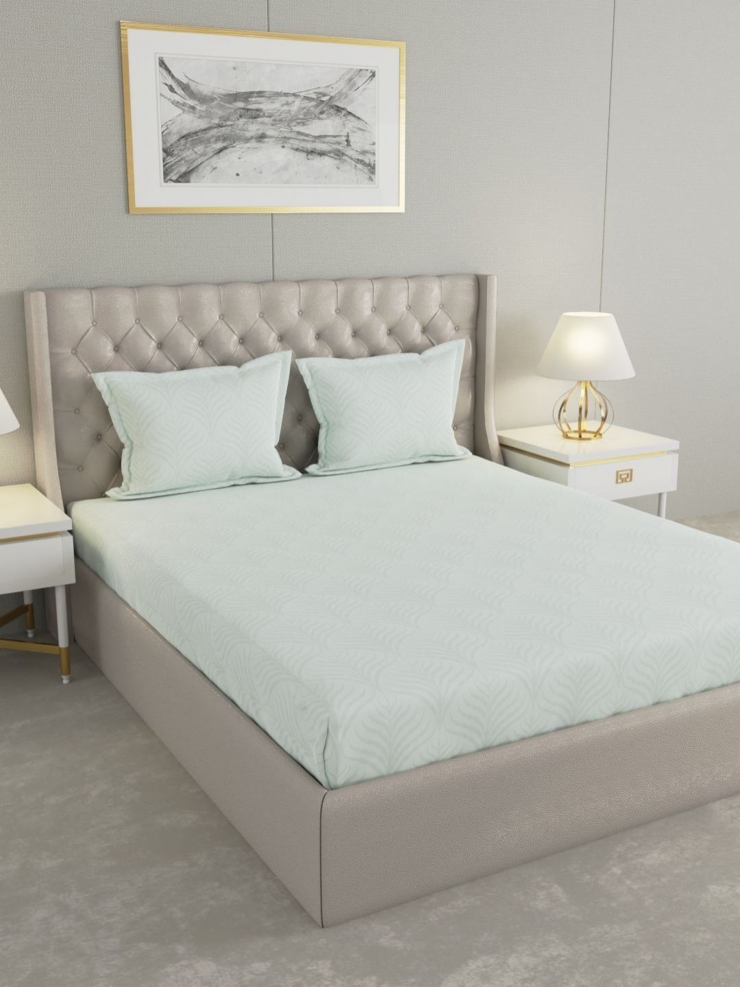 Raymond Home Raymond Home Sea Green Leaf Cotton 210 TC King Fine Bedsheet with 2 Pillow Covers-108 x 108 inches