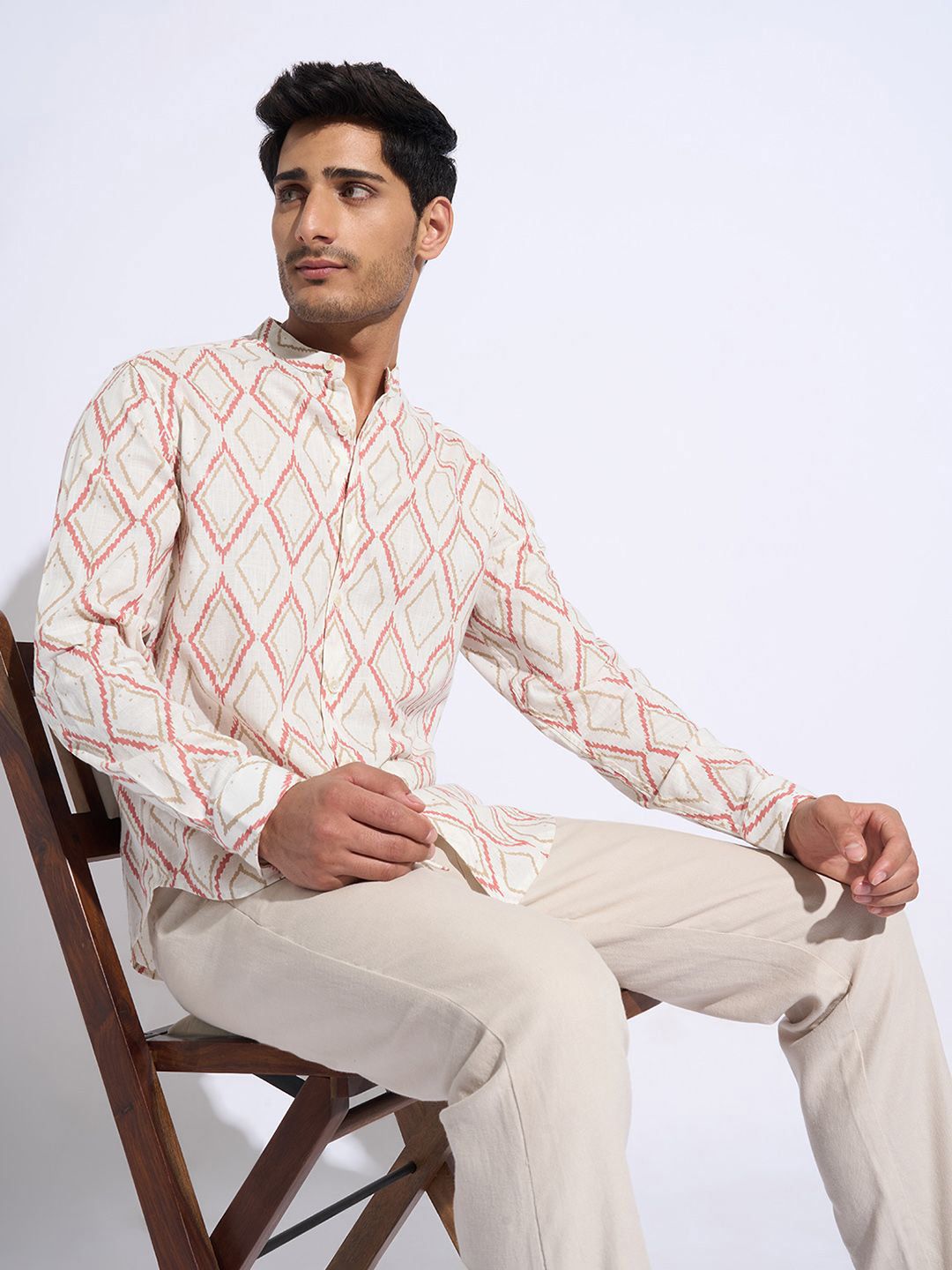 indus route by Pantaloons Men Band Collar Geometric Printed Cotton Casual Shirt